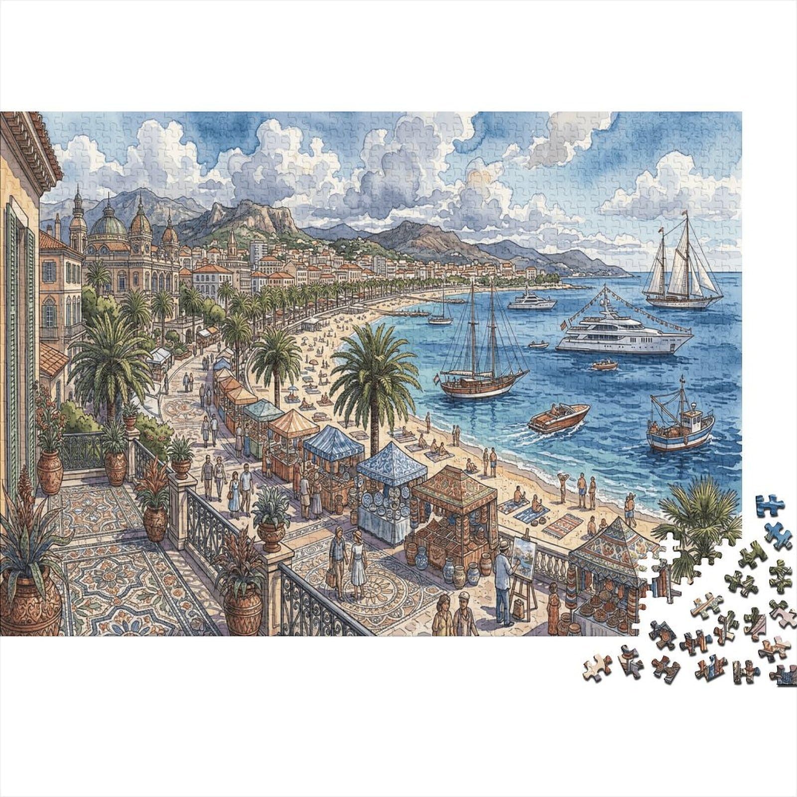 French Riviera 1000 Piece Puzzle Cannes Beach for Relaxation Experienced Jigsaw Fans Memory Improvement Housewarming Gift 38x26cm/1000pcs