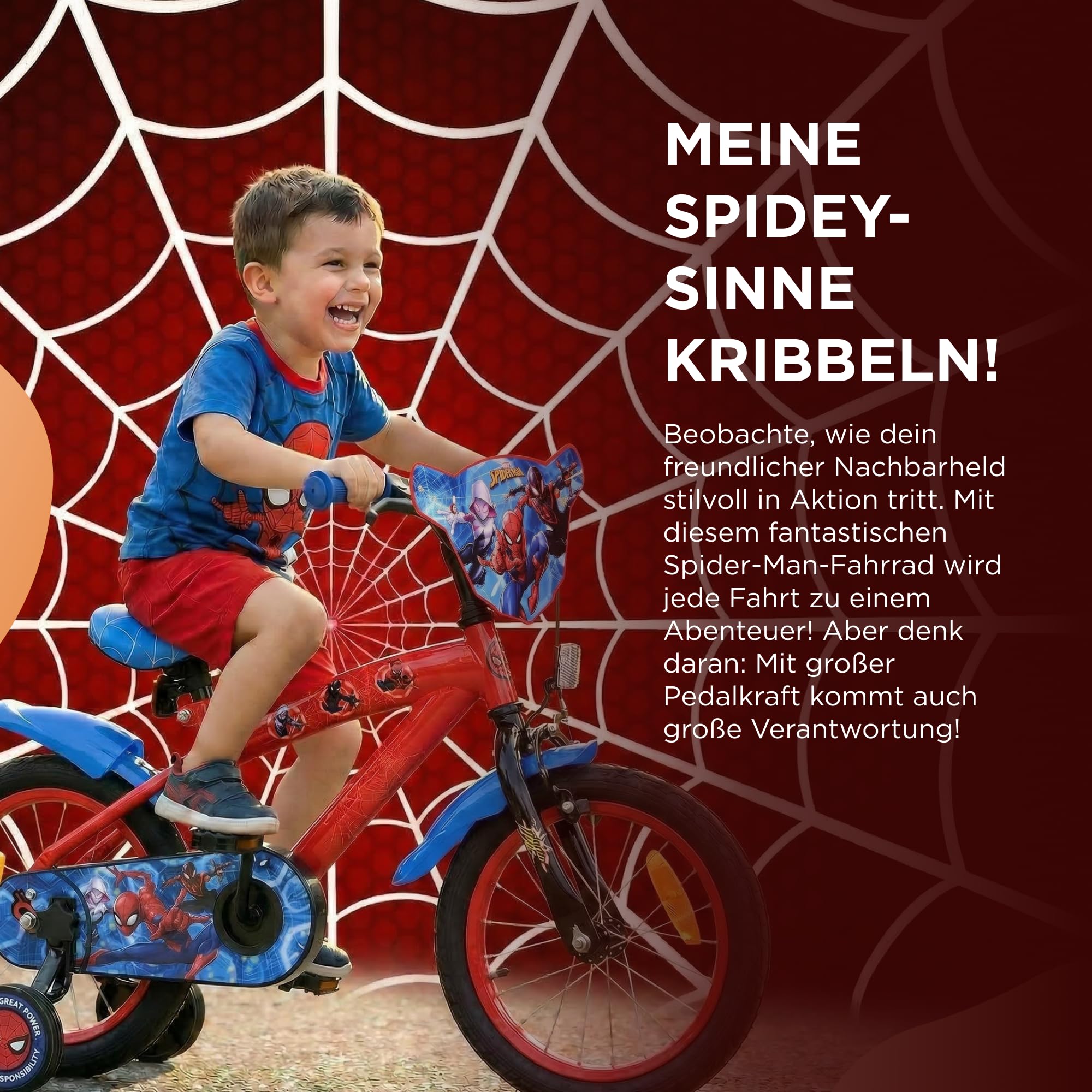 Volare Spider-Man Kinderfahrrad 14 Zoll | 3,5–5 Jahre | Hand- & Rücktrittbremse, Stützräder, Kettenschutz, Reflektoren | Verstellbarer Sattel | Geschenk für Jungen & Mädchen