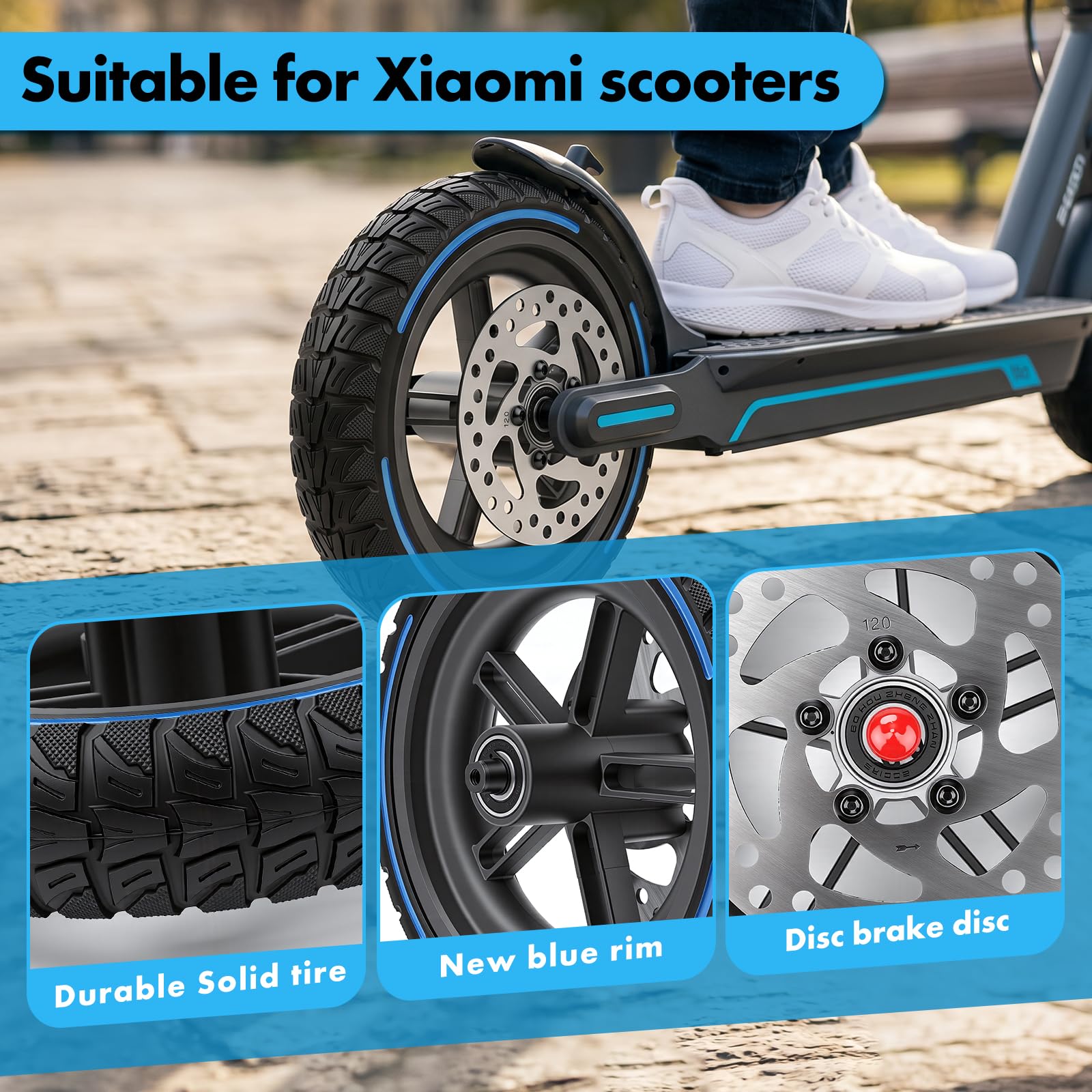 BuyWeek Roue arrière de trottinette électrique en caoutchouc plein avec frein à disque de 120 mm pour Xiaomi M365 PRO, anti-explosion, résistant à la pression, amortisseur de chocs
