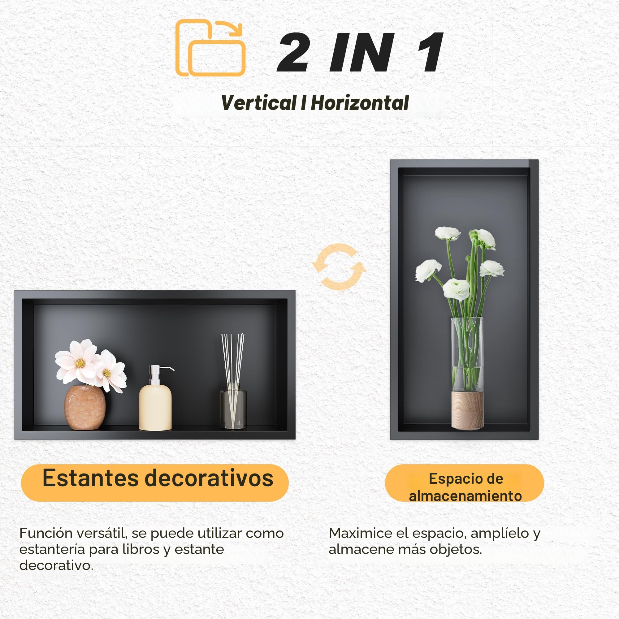 Sonni - Ducha de acero inoxidable, ducha empotrada, estante de almacenamiento individual para baño, impermeable, no requiere azulejos, 90 x 30 x 10 cm, negro, GNF90