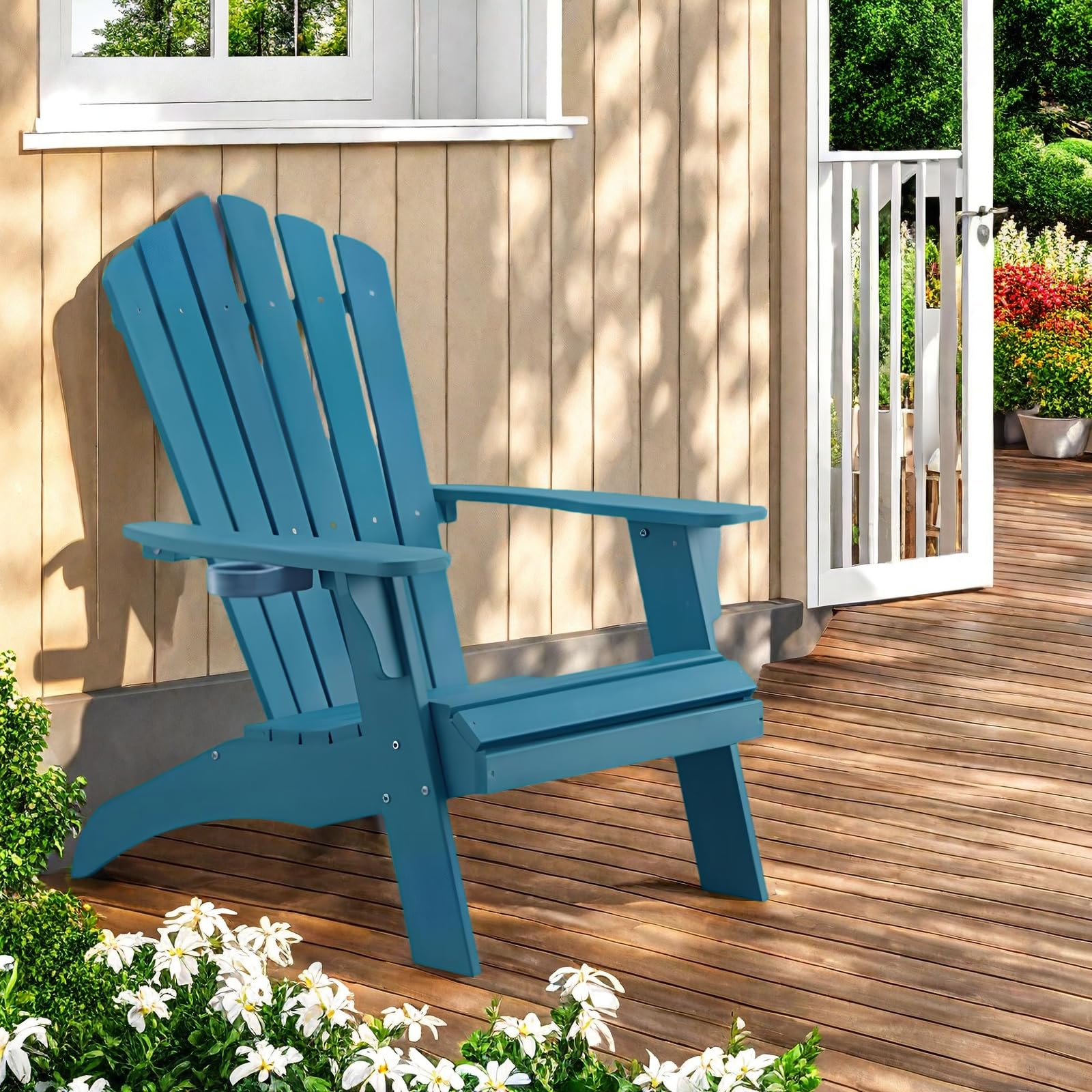 EFURDEN Silla Adirondack Adirondack con soporte para tazas, sillas Adirondack con soporte para bebidas, de poli Lumber, para exteriores, silla de jardín y rana, 160 kg, perfecta para piscina y terraza