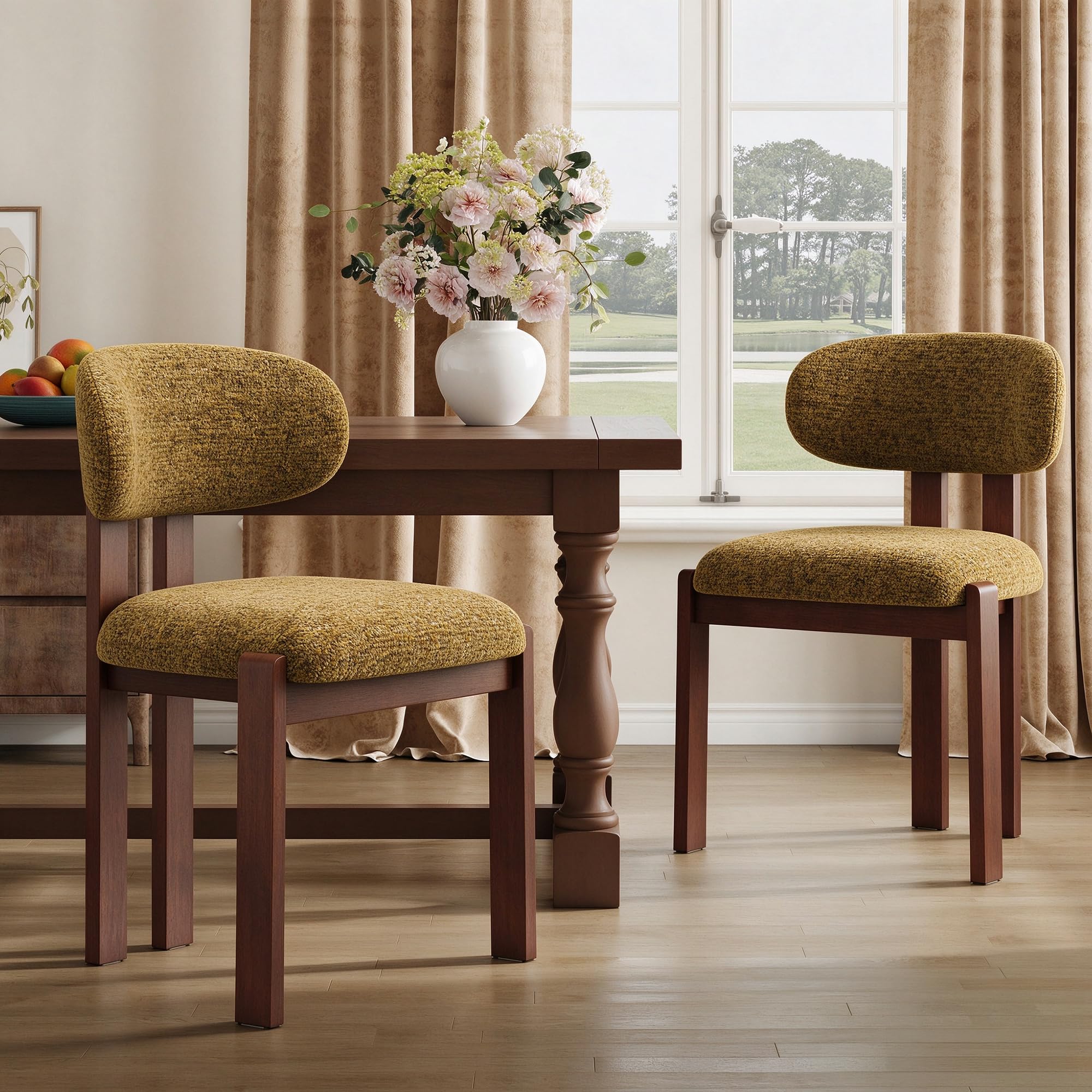 Dining Chairs Set of 2, Upholstered Chenille Dining Room Chairs with Brown Solid Rubber Wood Frame, Soft Cushioned Seat Kitchen Chairs, Modern Nordic Accent Chairs for Dining Room Kitchen,Yellow