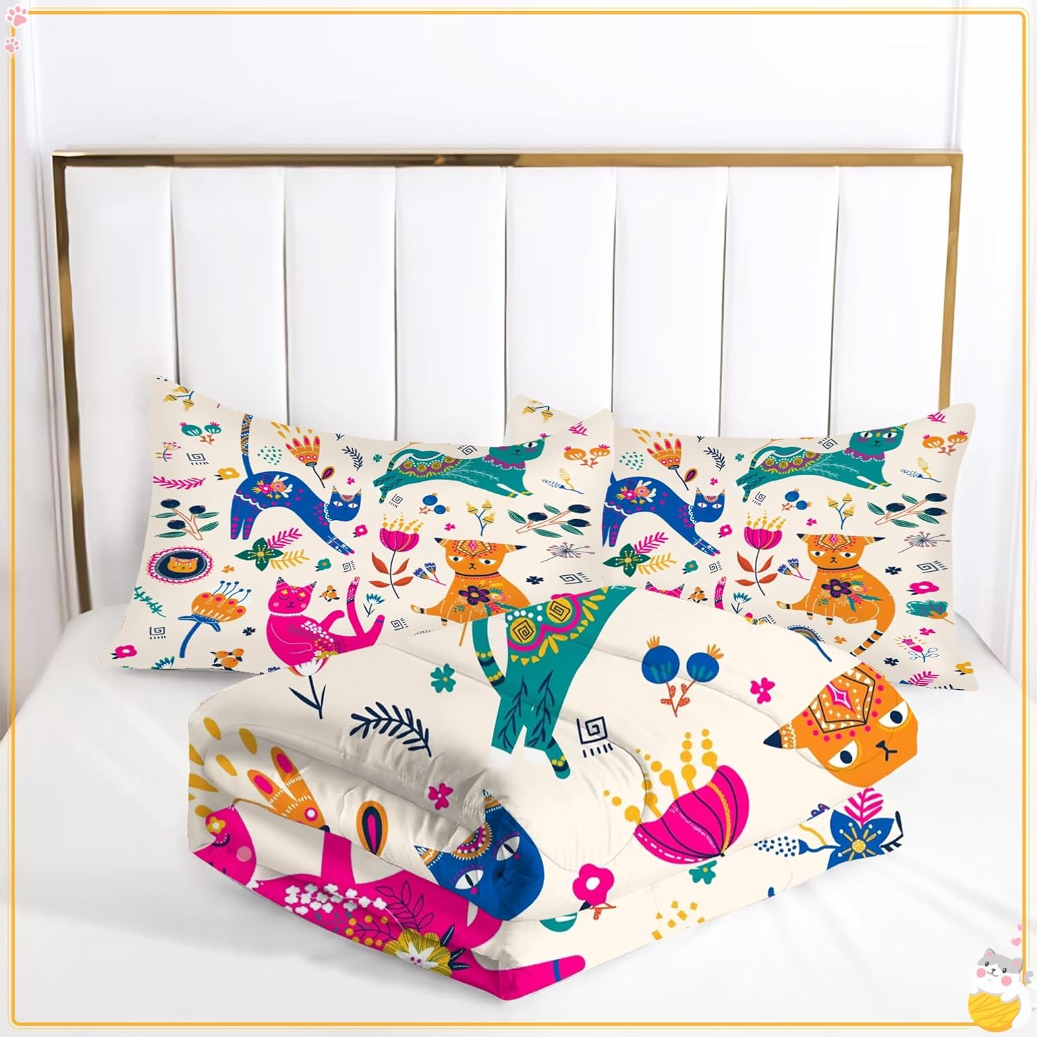 Cat Comforter Set Twin: Cute Floral Cats Twin Bedding Sets for Girls Kids Teens Toddler Cartoon Flowers Kawaii Animals Print Quilt Duvet Bed Set with 1 Comforter & 1 Pillowcase