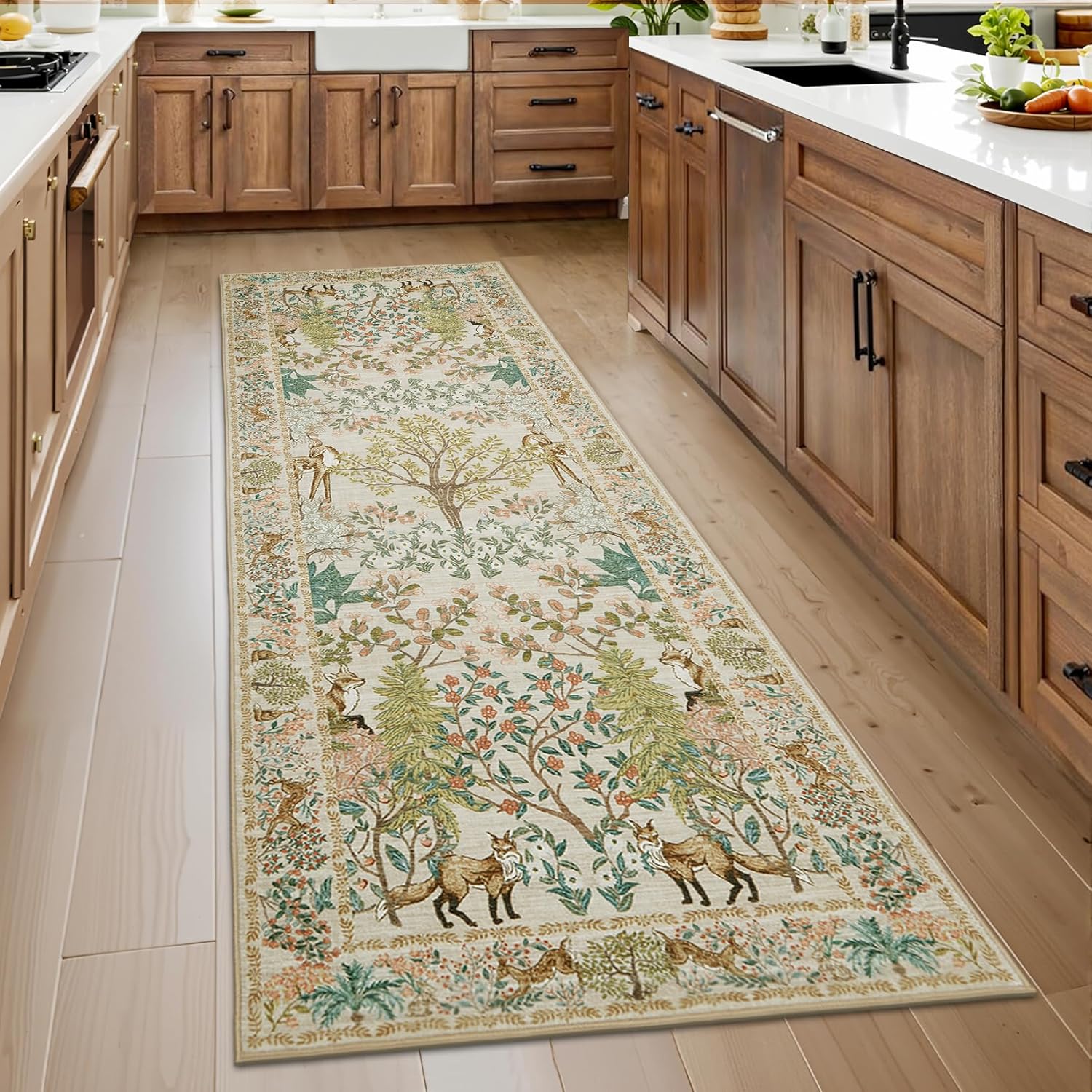 GarveeHome Forest 2x6 Rug Kitchen Runner Rug Non Slip Washable Stain Resistant Runners for Hallways Christmas Animal Jungle Print Low Pile Soft Holiday Carpet for Bedroom Laundry Room,Beige