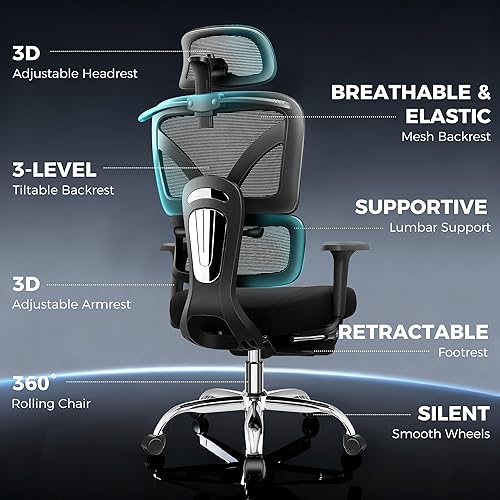 Miniatura 3 de Silla de oficina ergonómica con reposapiés, silla de escritorio grande y alta, silla de computadora con respaldo alto con brazos 3D y soporte