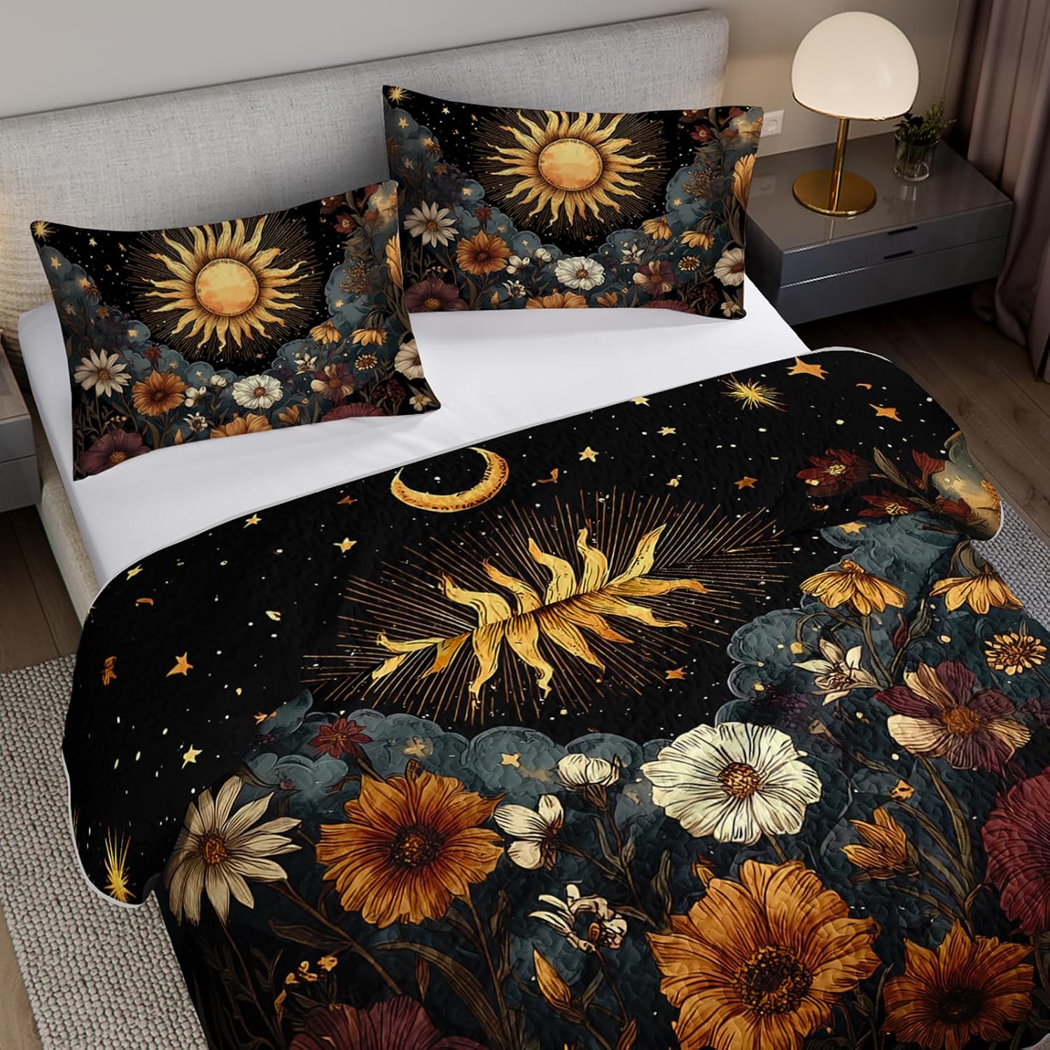 AILONEN Celestial Bohemian Floral Quilt Set King Size with 2 Pillowcases,Sun and Moon Bedspreads Coverlet Soft Lightweight,3 Pieces Dark Black Vintage Print Theme Bedding Quilted Set