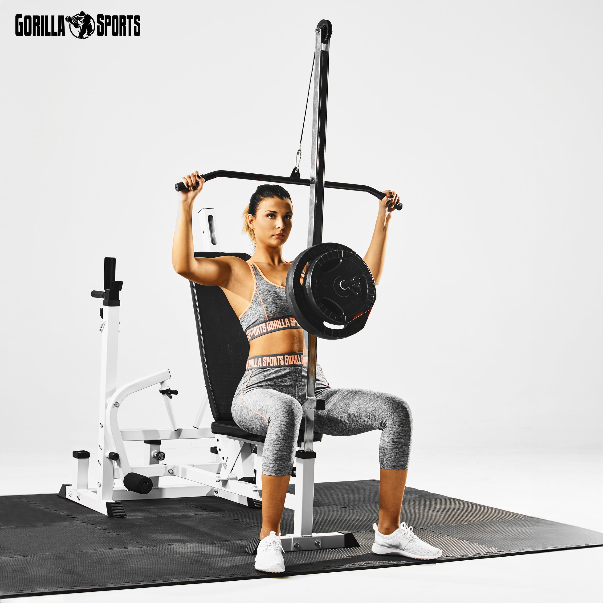 GORILLA SPORTS® Stazione Multifunzione - Regolabile in Molte Posizioni, Lat Machine, Maniglie Dip, Portabilanciere, Estensioni delle Gambe, Stazione Butterfly - Panca Pesi, da Palestra, Fitness