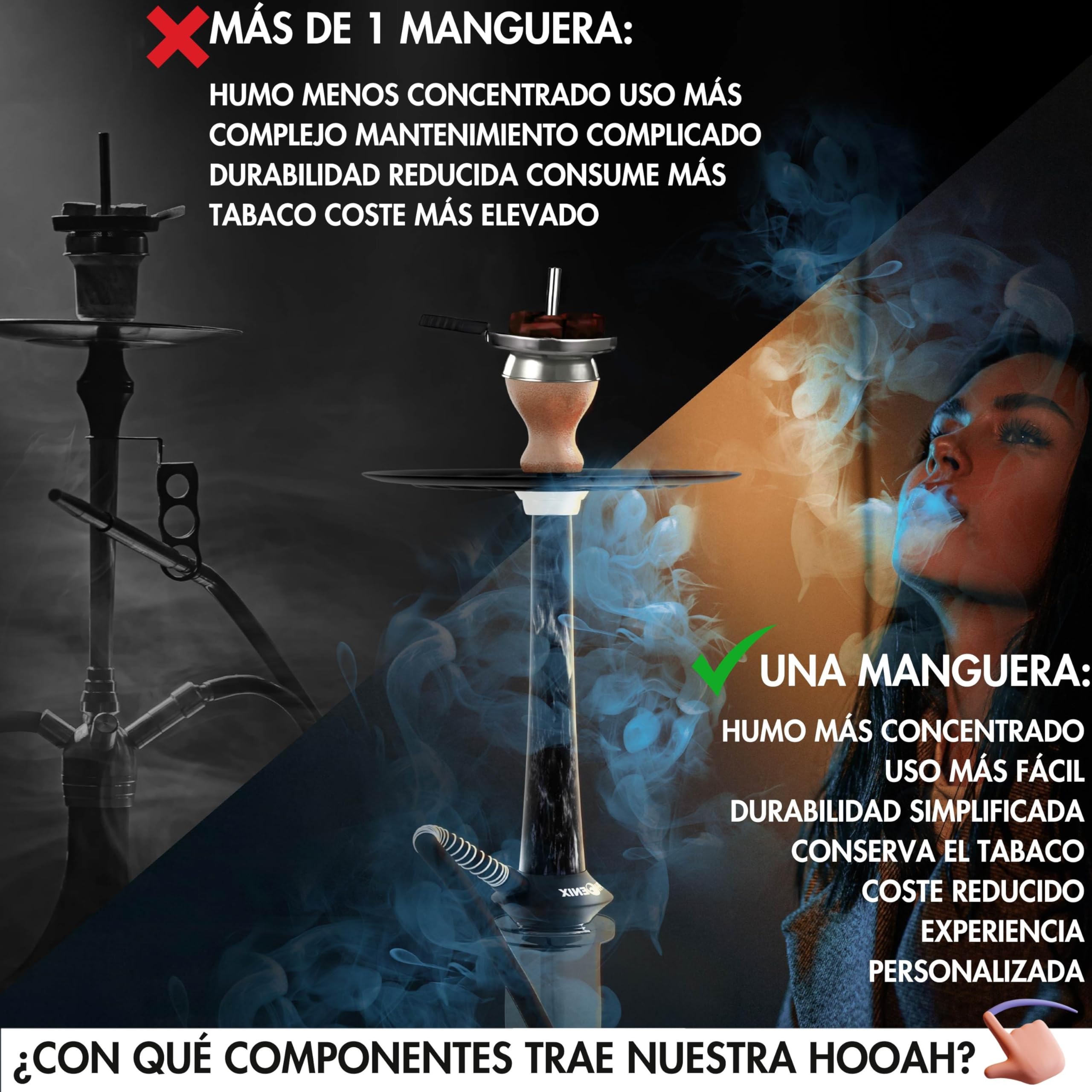 Pack Cachimbas Shisha Buenas 50cm Acero Inoxidable, Resina Negro - Hookah Portatil Boquillas cachimba, Cazoleta Cachimba, Gestor de Calor Shisha, Manguera Cachimba, Pinza, LED Sin Pilas