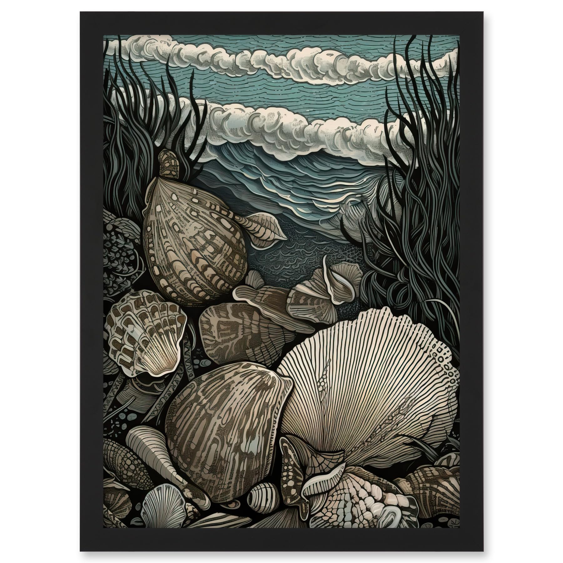 Artery8 Seashells by the Shore Modern Coastal Illustration Artwork Framed A3 Wall Art Print