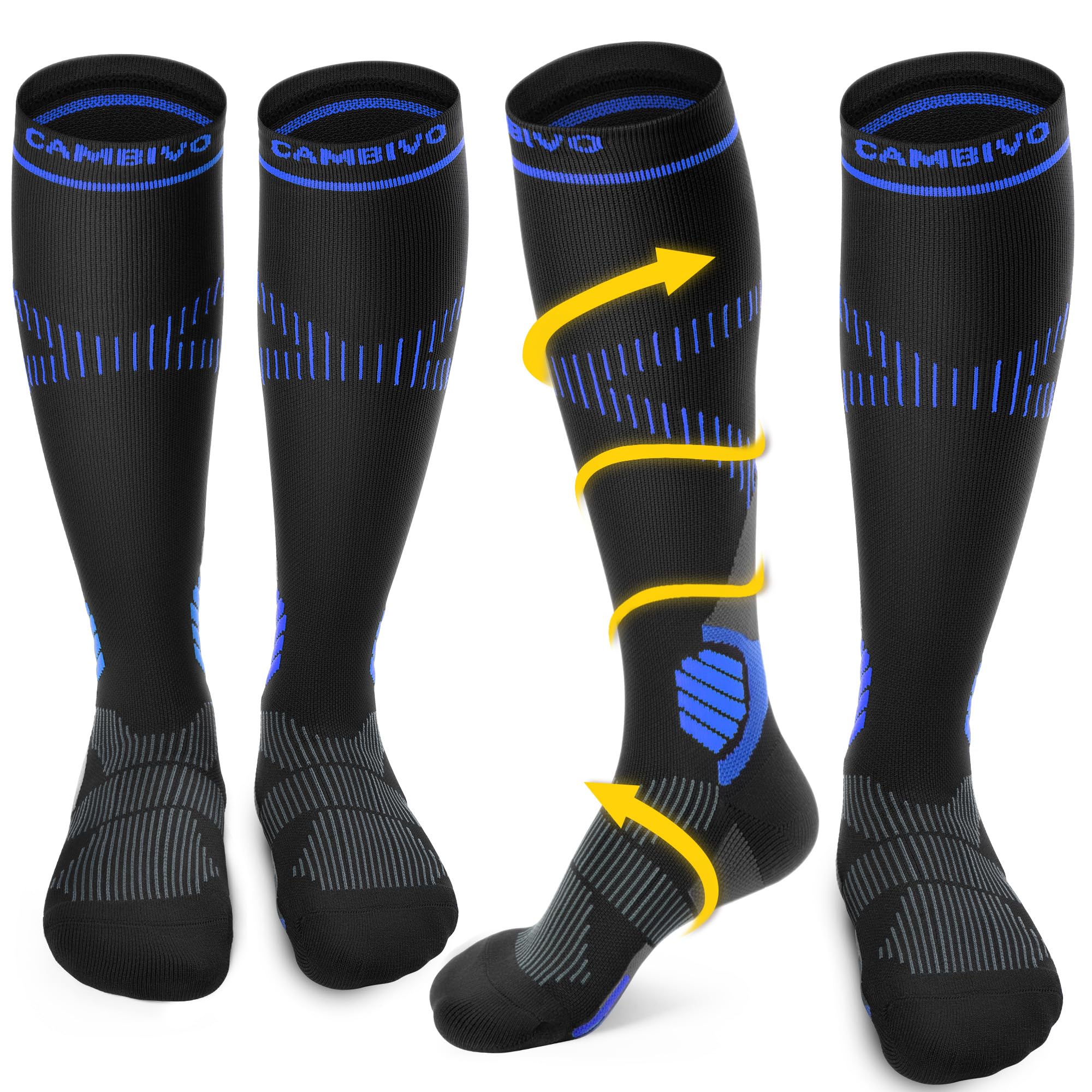 CAMBIVO Calze Compressione Graduata Donna Uomo 2Paia, Gambaletti Compressione Graduata 15-20 mmHg, Calze Elastiche a Compressione Antitrombo, Calzini Lunghe per Vene Varicose, Aereo, Sportive, Corsa