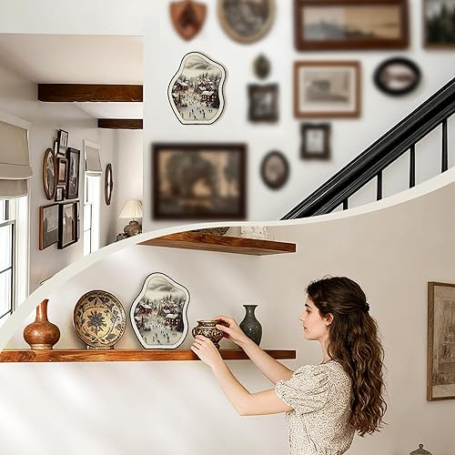 Miniatura 3 de Winter Village - Arte de pared enmarcado de metal, ciudad de Navidad nevada, decoración única, decoración ovalada curvada funky para pared o mesa,