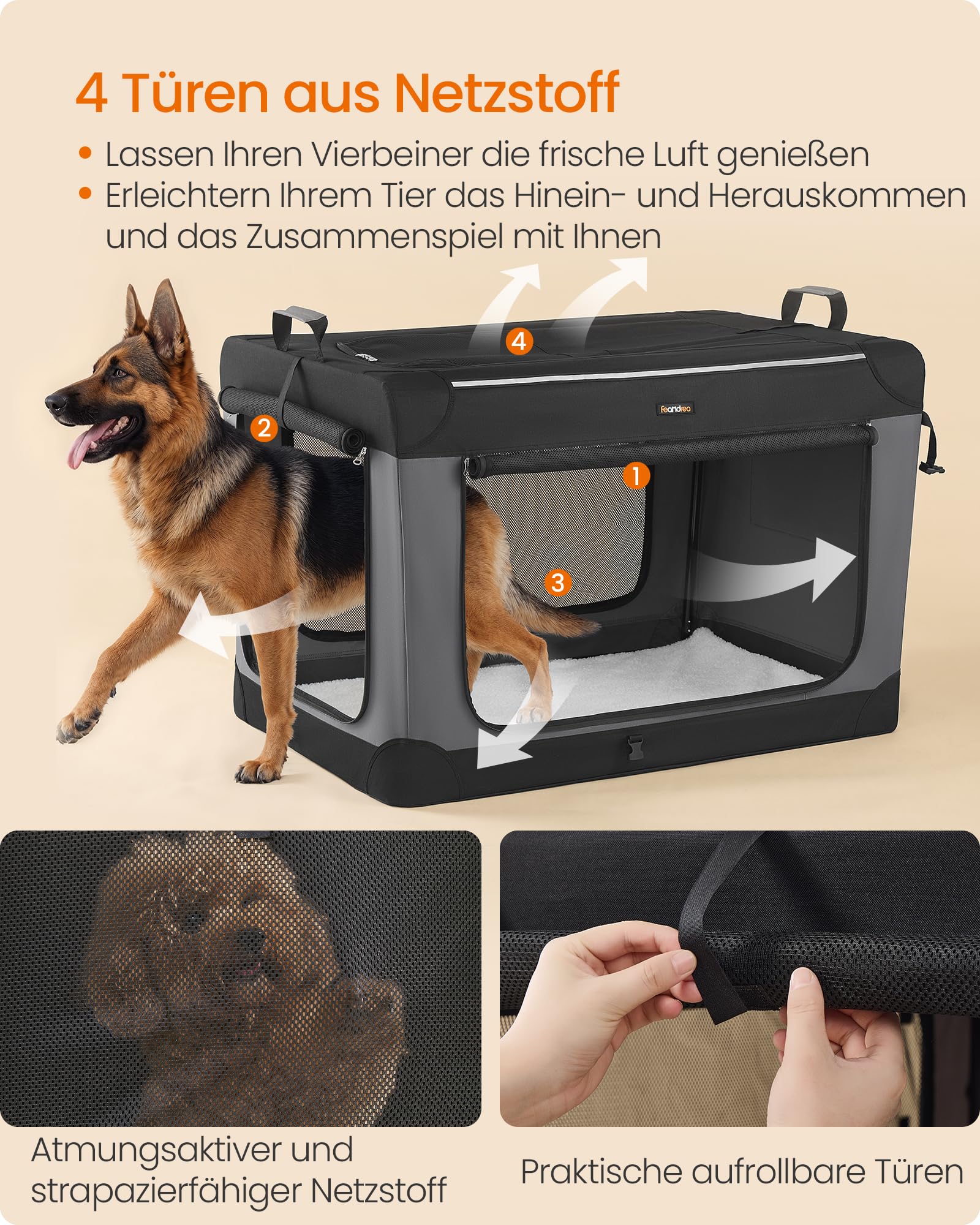 Feandrea Hundebox faltbar, 106,7 cm Transportbox für große Hunde, Hundetasche, Oxford-Gewebe, mit 4 Türen aus Netzstoff, Griffen, Taschen für Futter und Wasserflasche, tintenschwarz PDC021B01