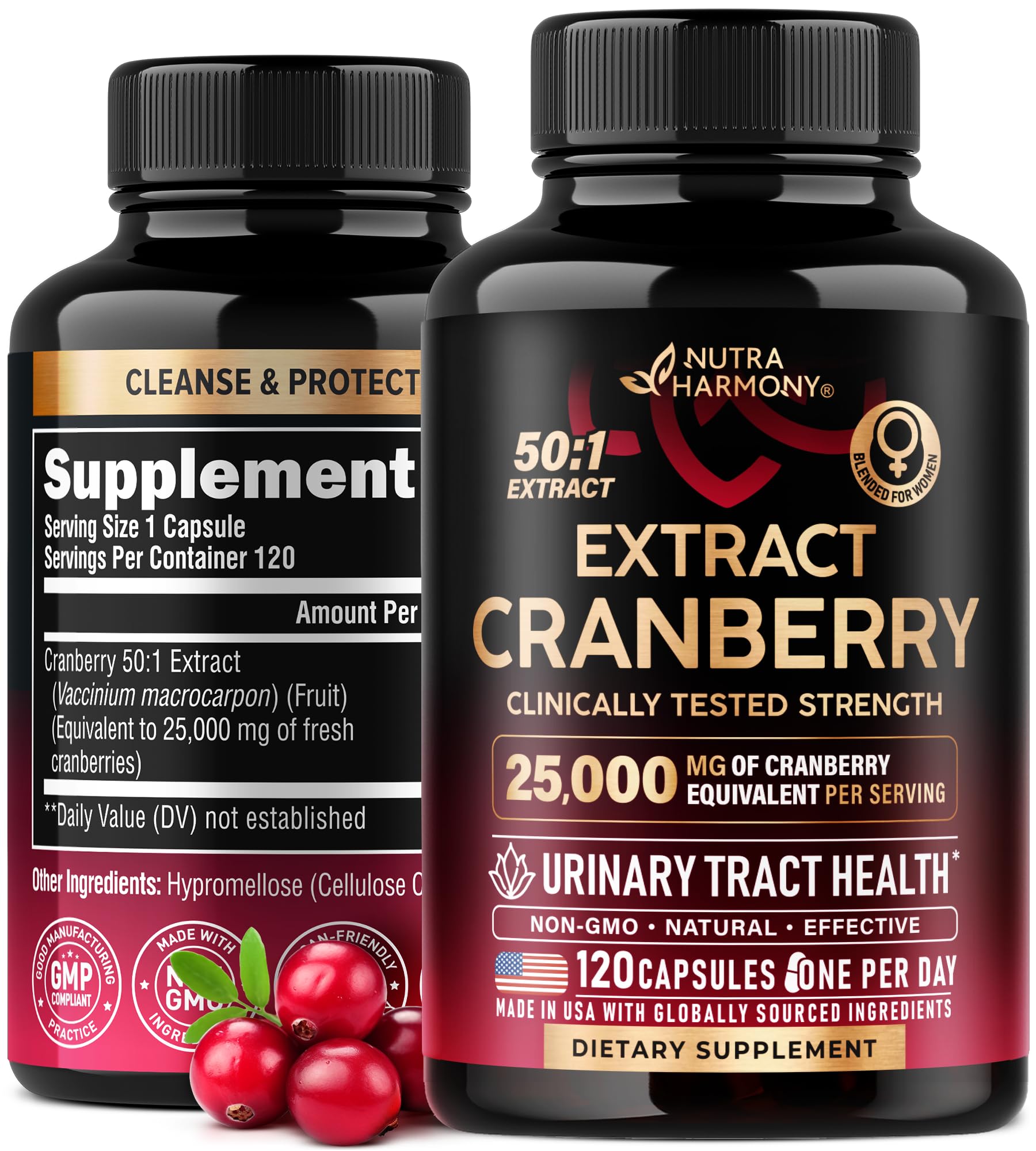 Cranberry Pills for Women 500 mg - Clinically Tested Strength for Urinary Tract Health Support - Equivalent to 25,000 mg of Fresh Cranberry Supplement - Natural & Vegan - Made in USA - 120 Capsules