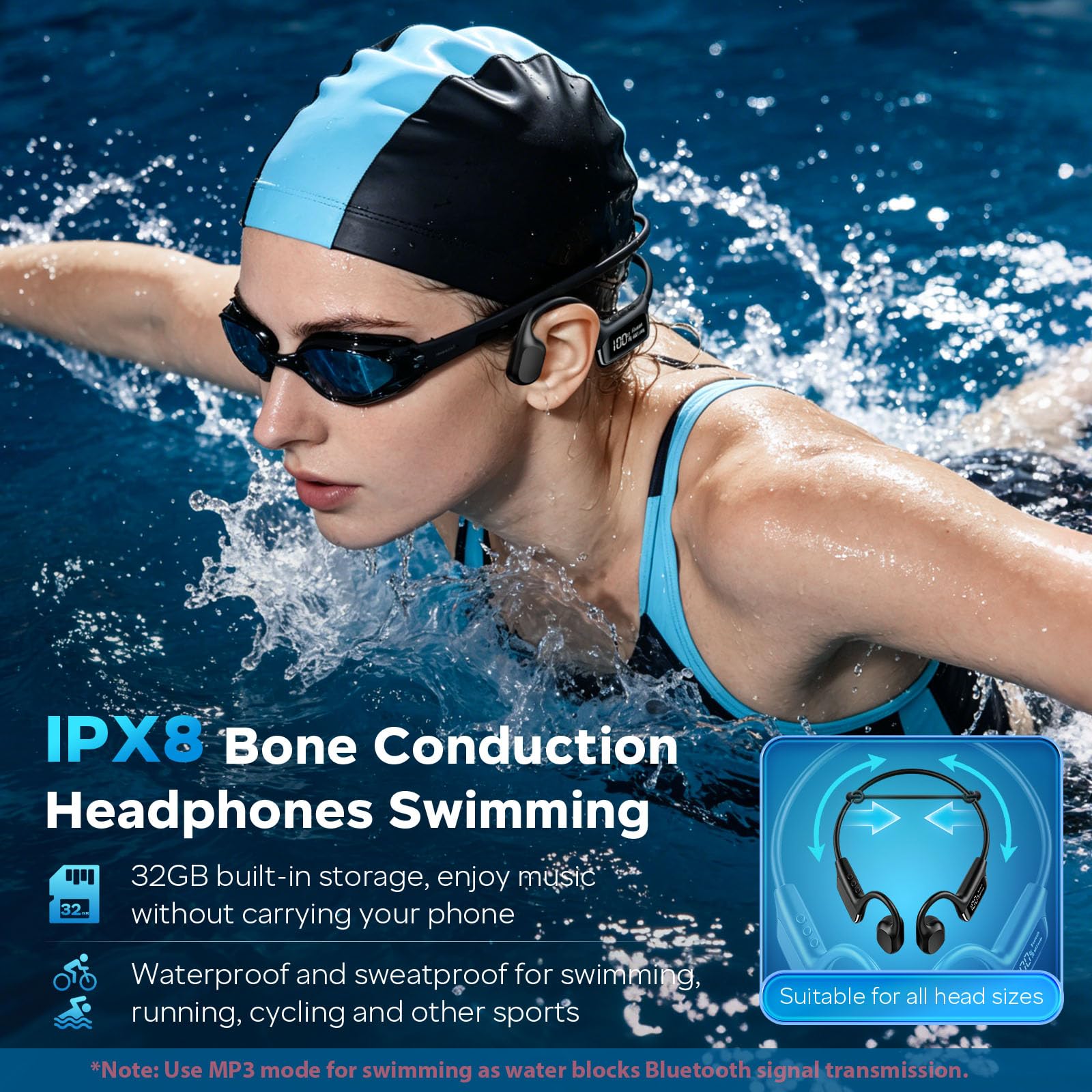 Knochenschall Kopfhörer Schwimmen Bluetooth 5.3, IPX8 Wasserdicht, 32GB MP3 Player, Open Ear Sport Kopfhörer, Bis zu 10 Std, Unterwasser Kopfhörer für Schwimmen, Laufen & Radfahren Blau