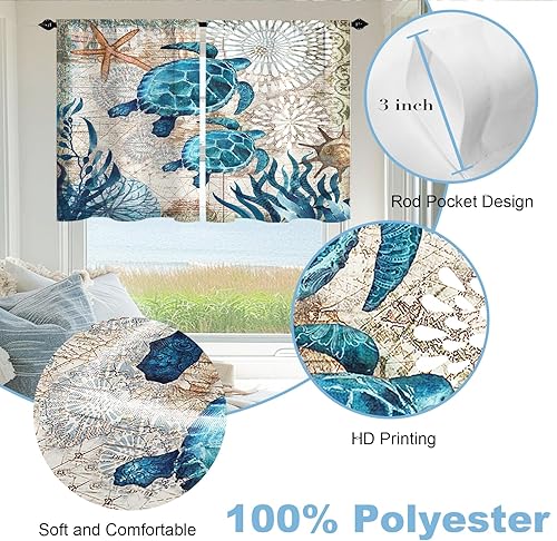 Miniatura 5 de Cortinas cortas de playa con diseño náutico de tortugas marinas y estrellas de mar para dormitorio, juego de 2 paneles de 27.5 pulgadas de ancho x
