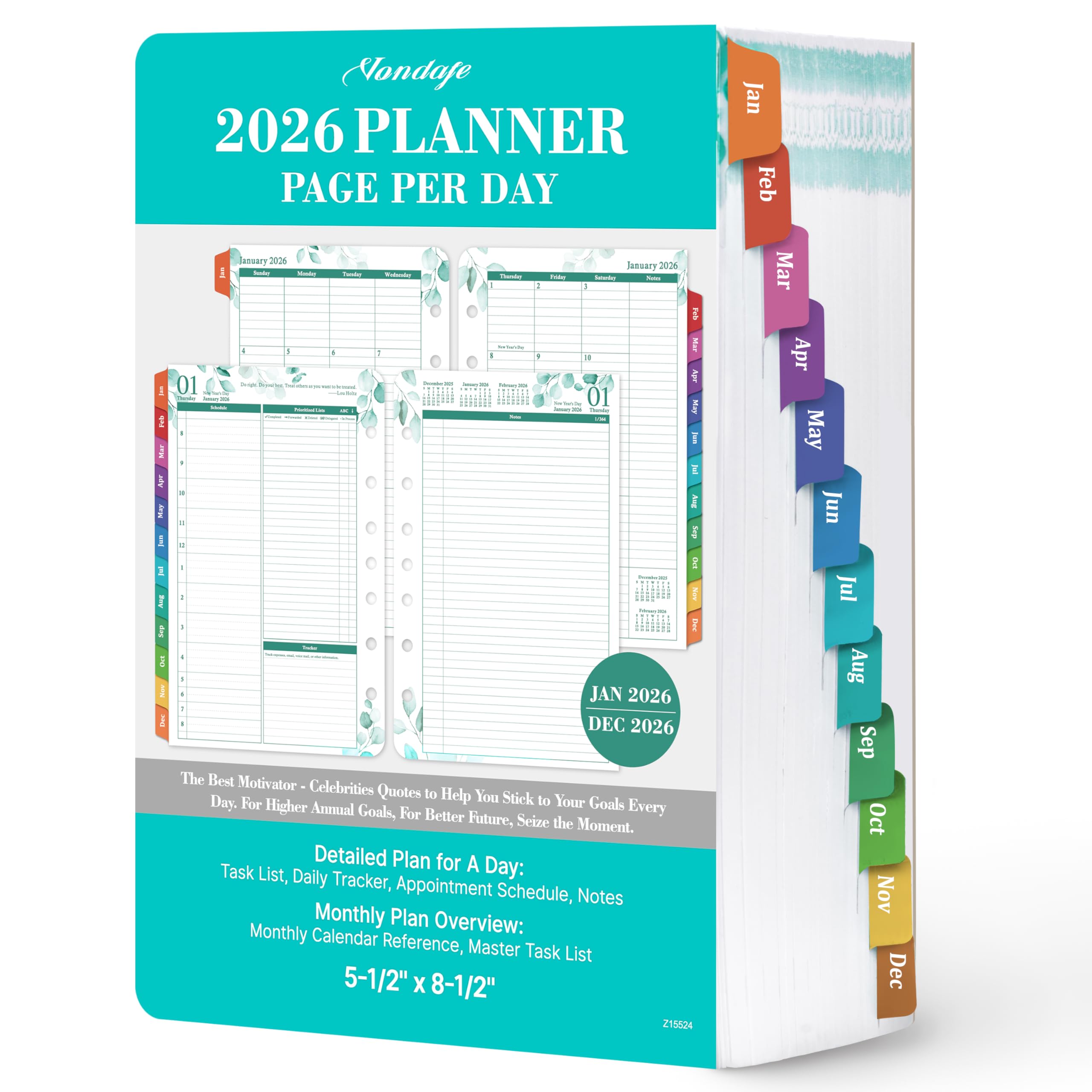 2026 Planner Refills – JAN 2026 - DEC 2026 Planner Refills, Two Pages Per Day, Daily Planner 2026, 5.5" x 8.4" Ring-Bound Organizer, Daily Tracker & Schedule, Coloful Tabs