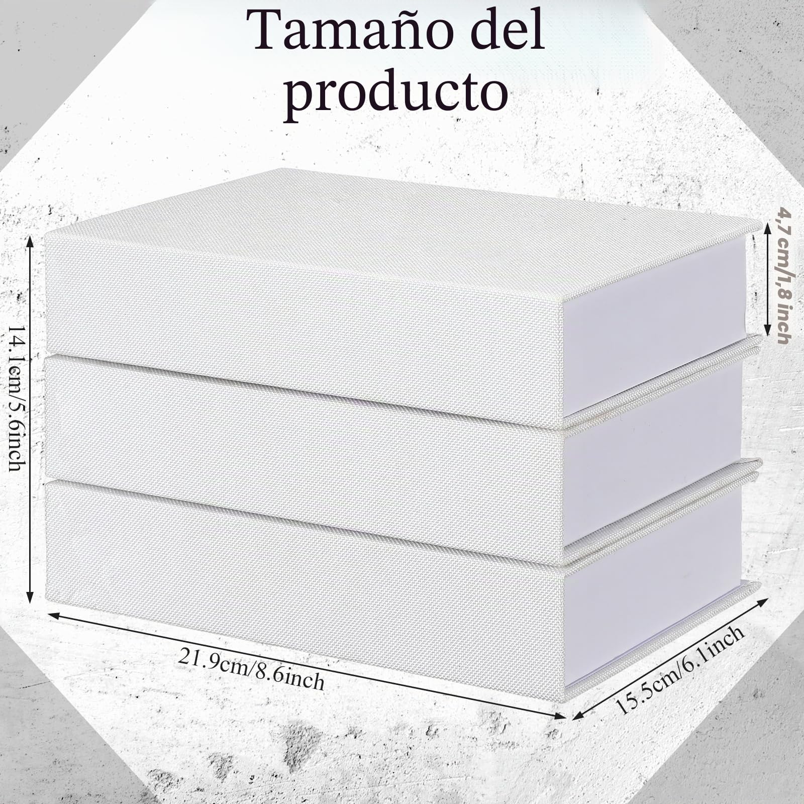 Tioncy 3 cajas decorativas para libros, modernas, de lino, para decoración de estanterías, mesa de café, libros para manualidades (blanco, 8.6 x 6.1 x 1.8 pulgadas)