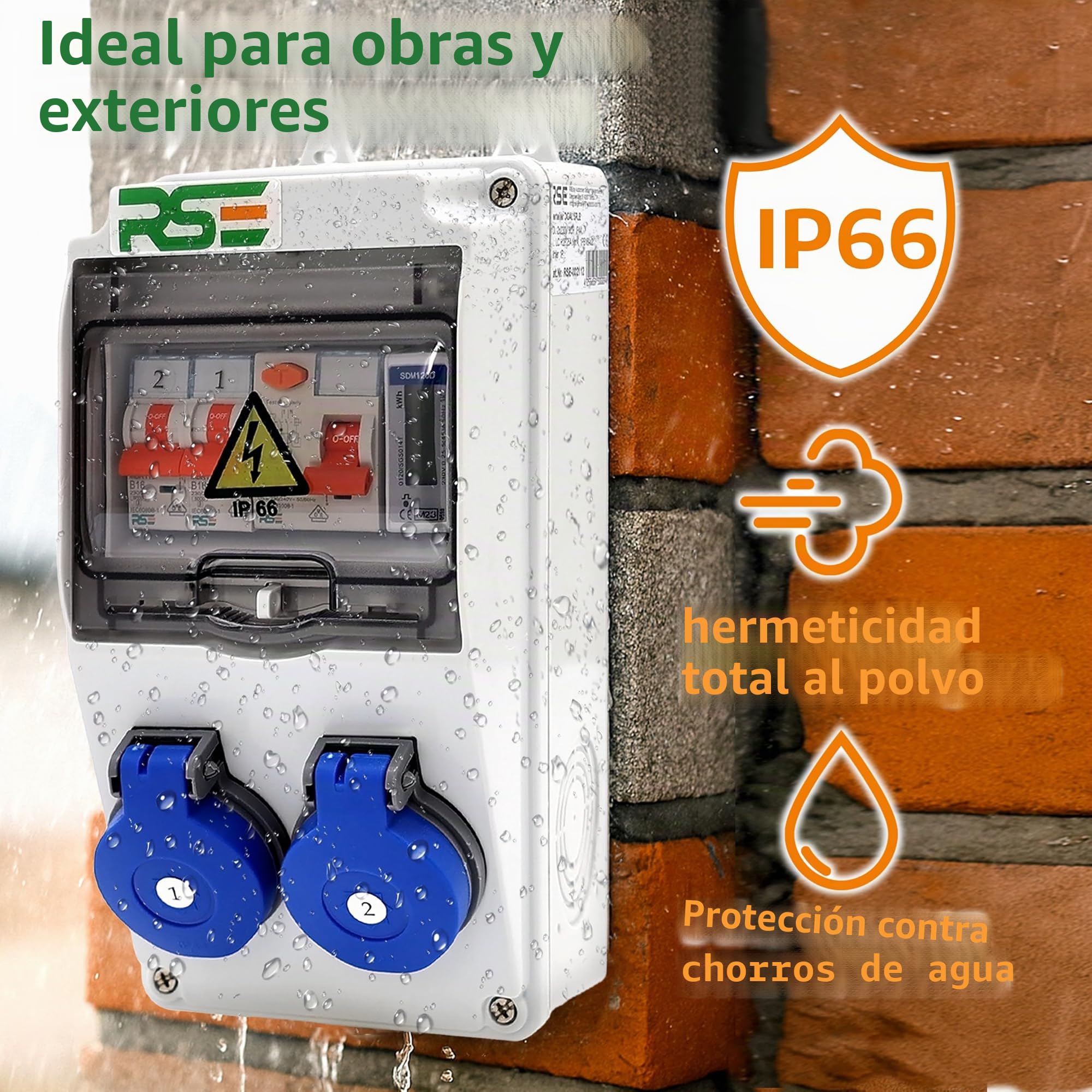 RSE Distribuidor de corriente de montaje para pared, cable completo, 230 V, Schuko con contador a elegir IP65, 8. 6 x 230 V con LS + FI