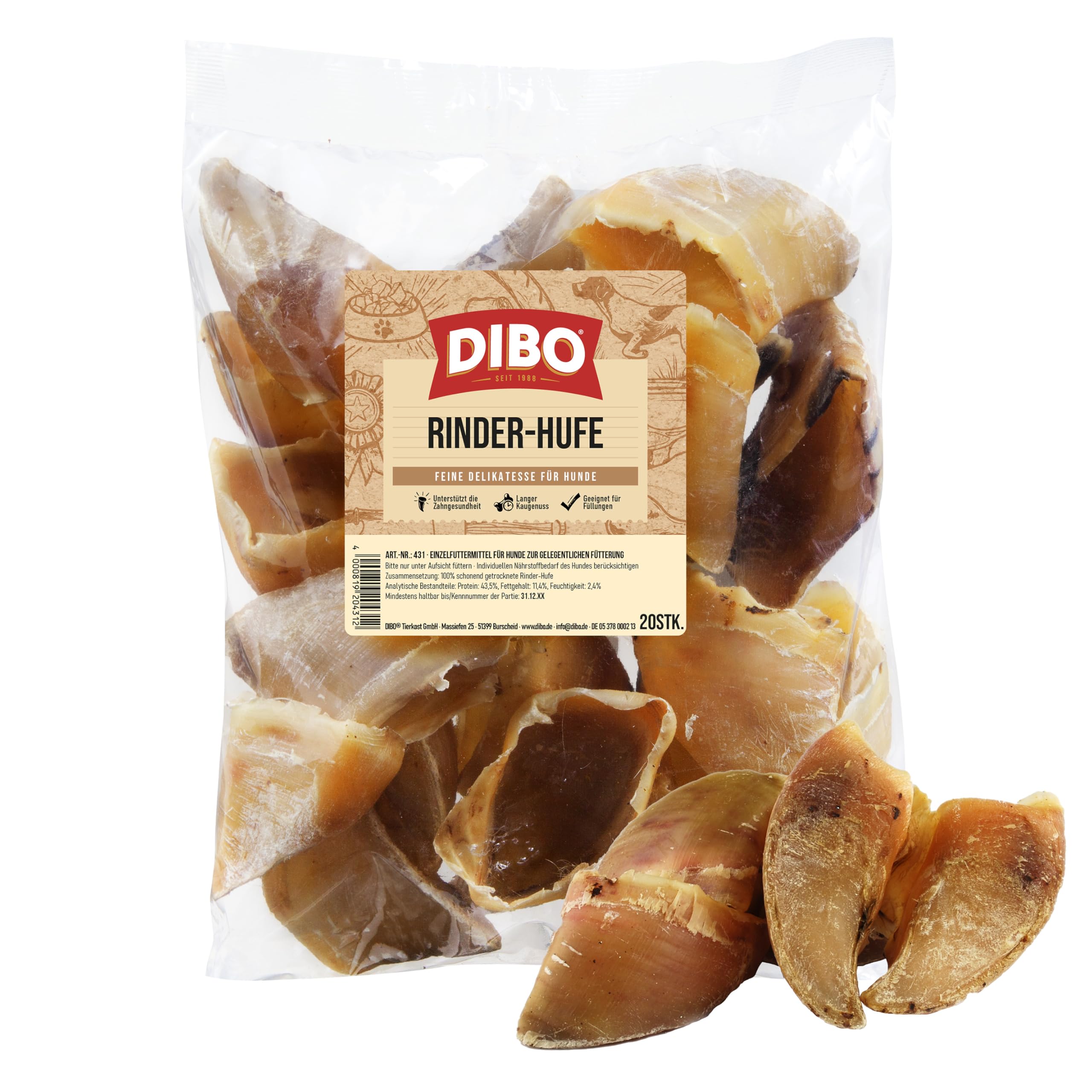 DIBO Rinderhufe, lose, 20 Stück-Beutel, der kleine Naturkau-Snack oder Leckerli für Zwischendurch, Hundefutter, Qualitätskauartikel ohne Chemie
