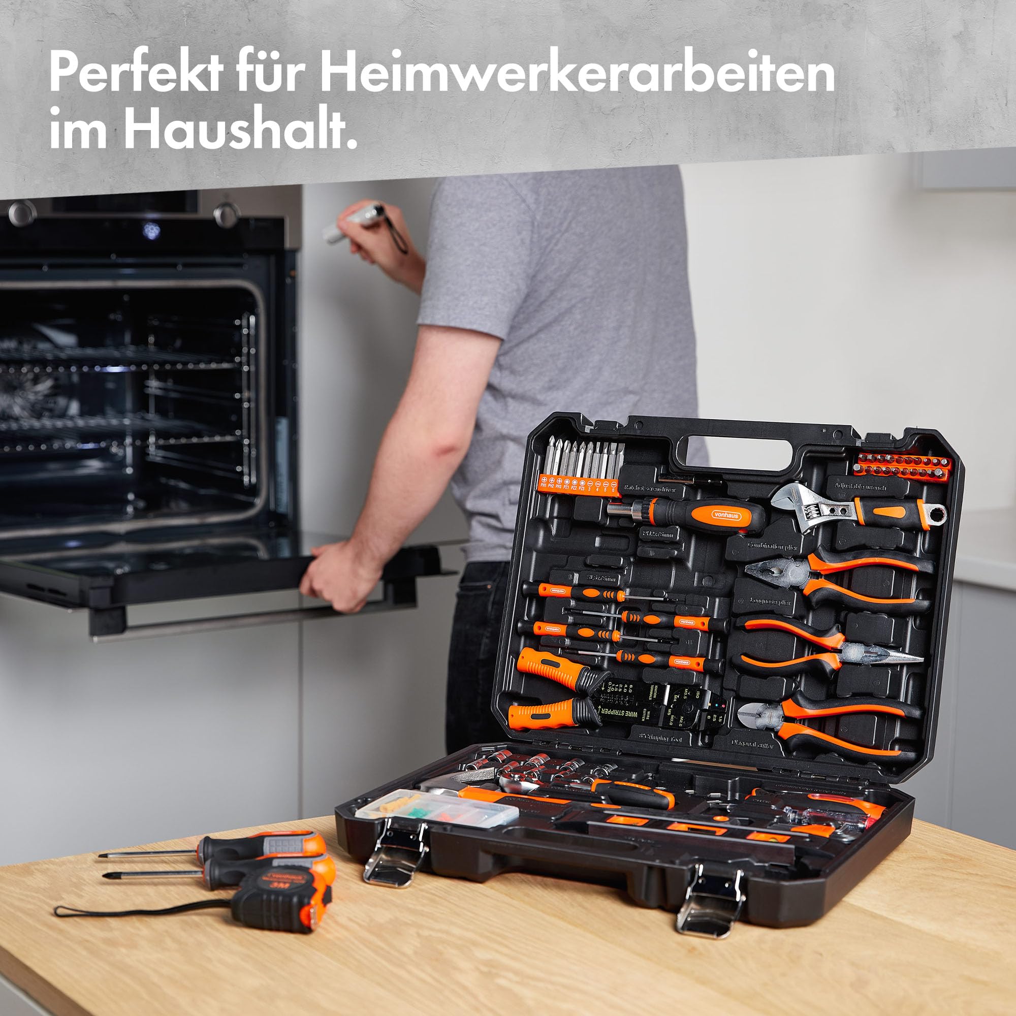 VonHaus Werkzeugset Haushalt, Ultimativer 120-Teiliger Werkzeugkoffer, Enthält Werkzeuge, LED-Taschenlampe, Sechskantschlüssel, 3m Maßband & Mehr mit Werkzeugkiste, DIY-Set- Perfekt für Anfänger