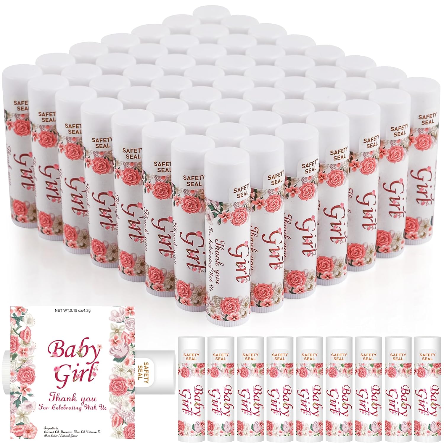 DMSKY Lip Balm Bulk 60 Pcs Baby Shower Party Favors For Girl, Gender Reveal Party Favors (BABY GIRL) Thank You Gift for Guests