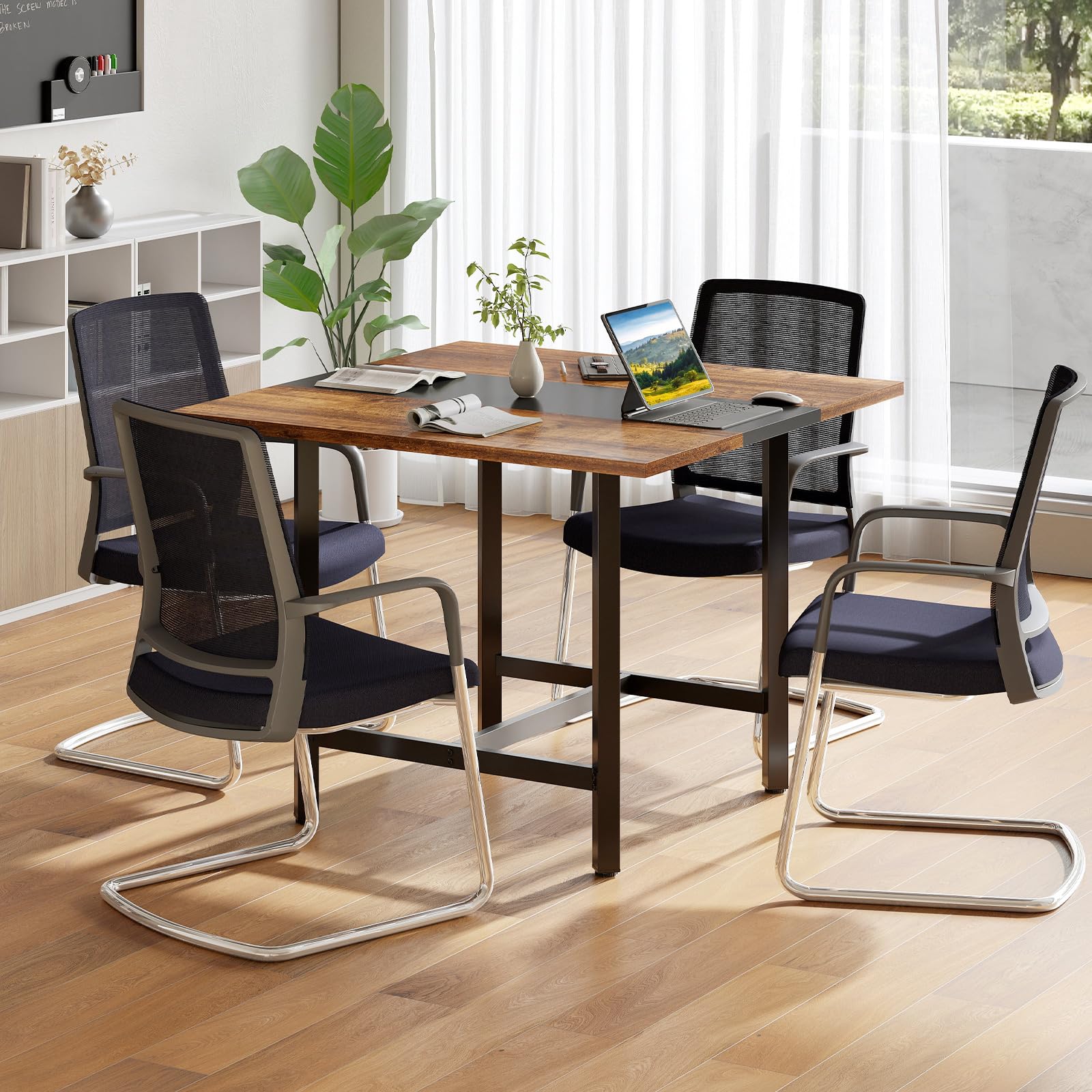 COSTWAY Konferenztisch, quadratischer Besprechungstisch mit Metallrahmen, Seminartisch zusammensetzbar für 4 Personen, Büro, Vorstandszimmer, Esszimmer (100 x 100 x 75 cm,Rustikal Braun + Schwarz)