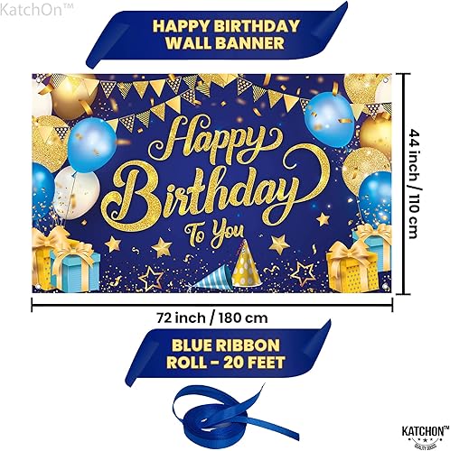 Miniatura 2 de KatchOn, Pancarta extragrande de feliz cumpleaños azul y dorado, 72 x 44 pulgadas, telón de fondo azul y dorado para decoraciones de feliz