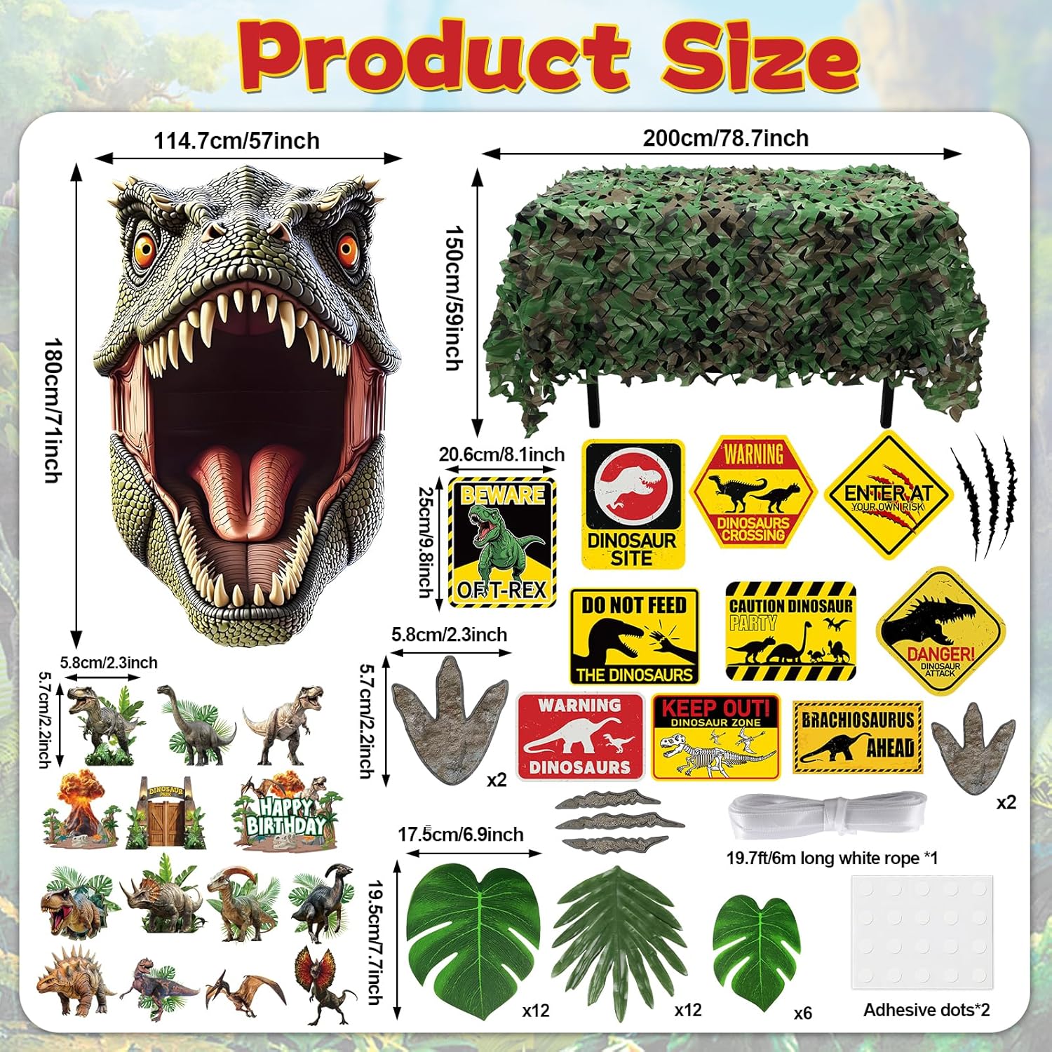 75Pcs Dinosaur Birthday Party Decoration Set Include Dino Backdrop Camo Netting Tablecloth Dinosaur Paper Sign Cupcake Toppers Artificial Palm Leaves for Tropical Jungle Dino Theme Party Supplies