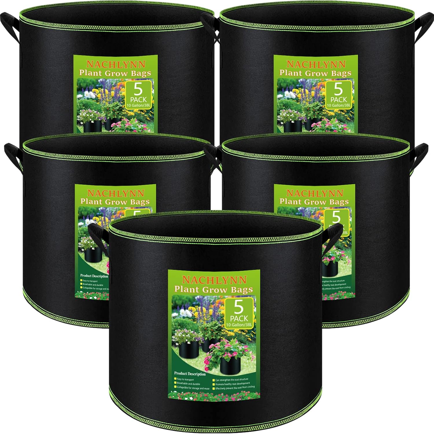 NACHLYNN 5-Pack 10 Gallon Grow Bags with Handles Thickened Nonwoven Fabric Pots Heavy Duty Aeration Fabric Pots Plant or Fruits Flowers Plant