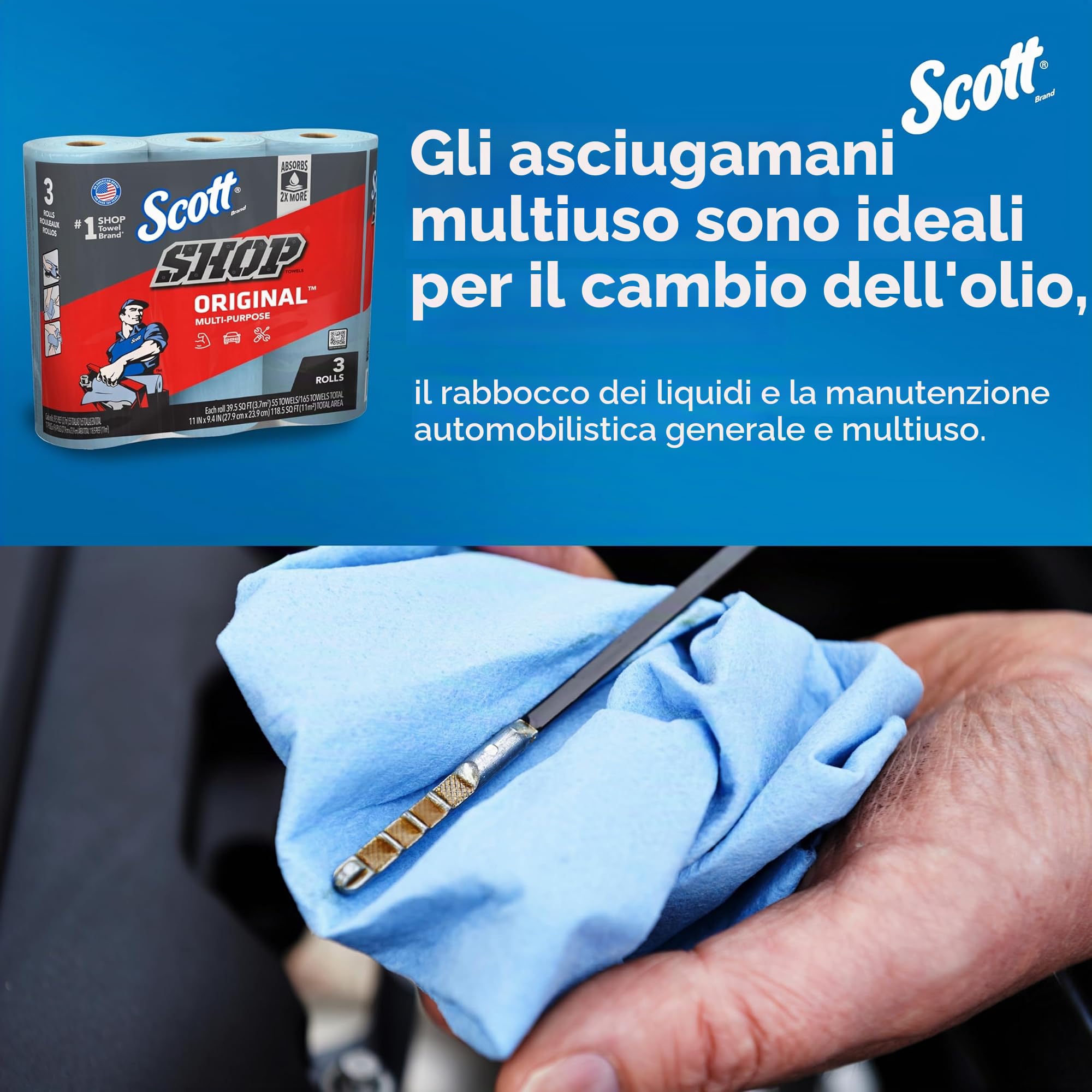 Scott Shop Towels Original (75143), blu, 55 fogli/rotolo standard, 30 rotoli/custodia (10 pacchi di 3 rotoli), 1.650 asciugamani/custodia