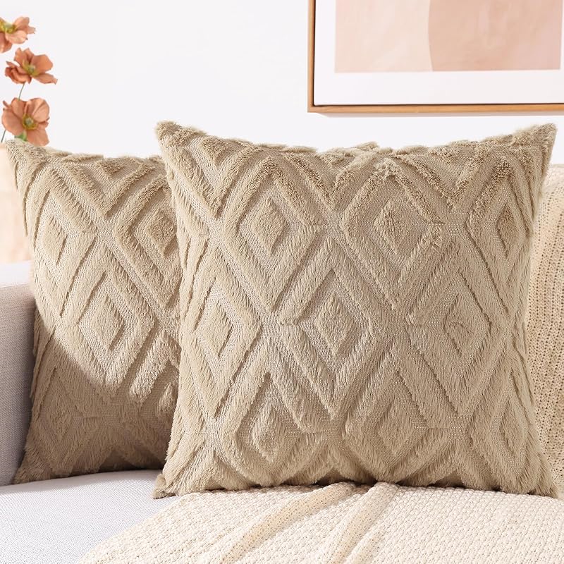 Fall Faux Fur Light Khaki Throw Pillow Covers 18x18 Set of 2 | Couch Decorative Soft Neutral Plush Wool Accent Pillow Covers for Modern Farmhouse Bed Sofa Living Room
