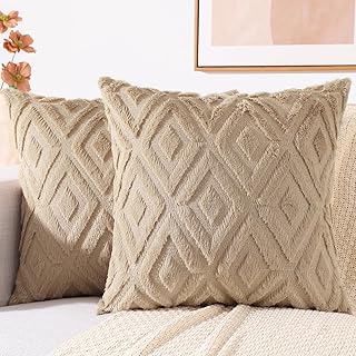 Fall Faux Fur Light Khaki Throw Pillow Covers 18x18 Set of 2 | Couch Decorative Soft Neutral Plush Wool Accent Pillow Covers for Modern Farmhouse Bed Sofa Living Room
