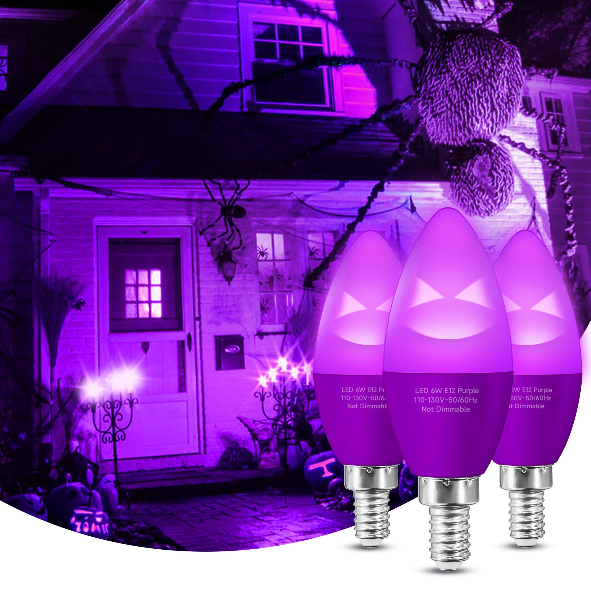 Eastiya Halloween Purple E12 Candelabra LED Light Bulbs 40 Watt Equivalent 6W, 450LM for Party Decoration, Porch, Home Lighting, Holiday Lighting, Ceiling Fan Chandelier Light Bulbs-3 Pack