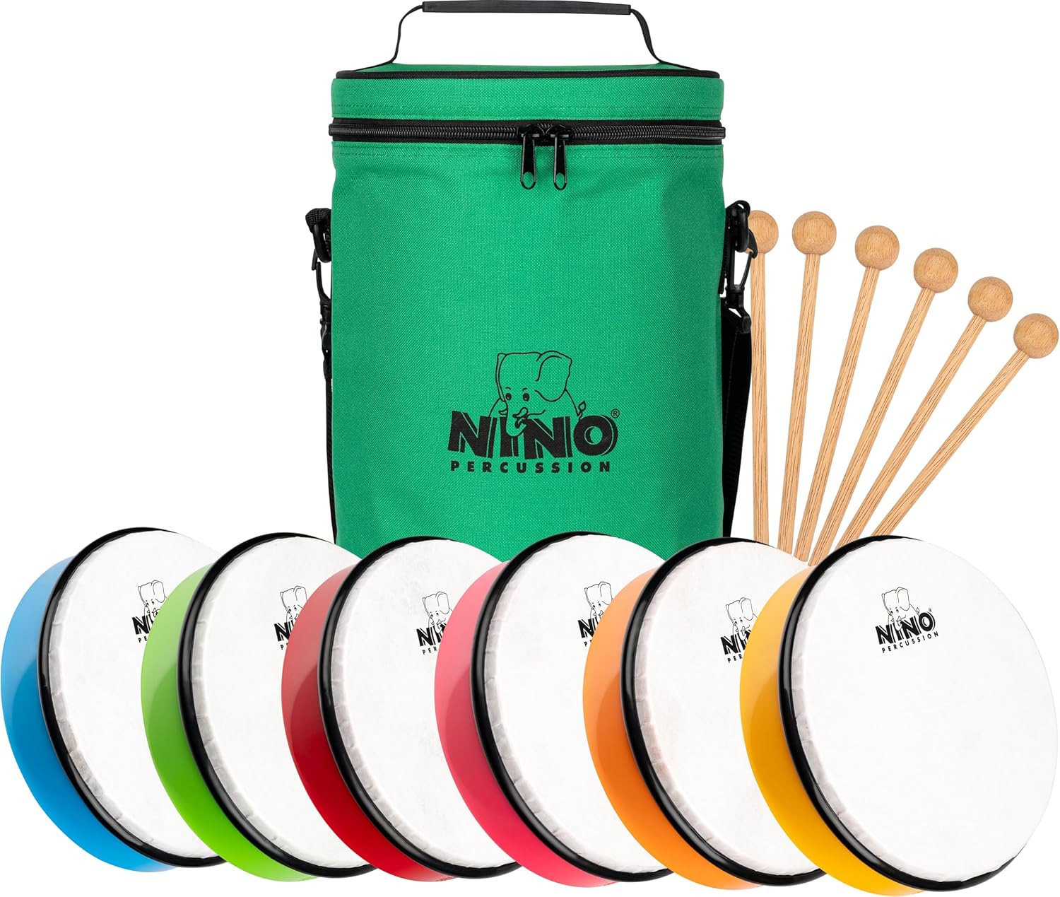 6 Piece Hand Drum Rhythm Set, Synthetic Pre-Tuned — Instruments for Classroom Music, Groups — Includes Mallets and Bag