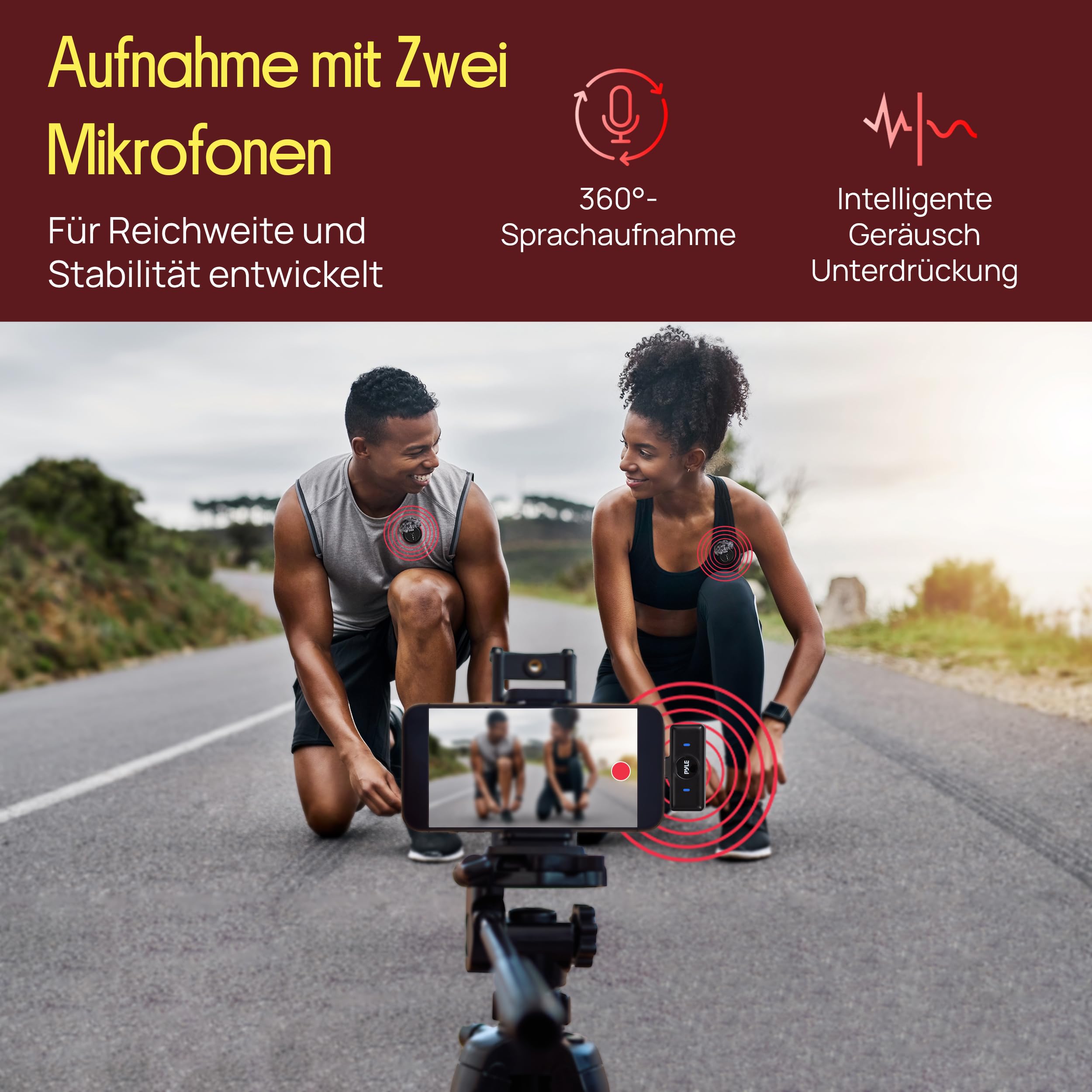 Pyle Kabelloses Lavalier Mikrofon 2er Set für iPhone, iOS & Android–2,4 GHz Ansteckmikrofon mit Geräuschunterdrückung, 360° Audioaufnahme, Magnetclip, Ladecase für Vlogging, Interviews & Livestreaming