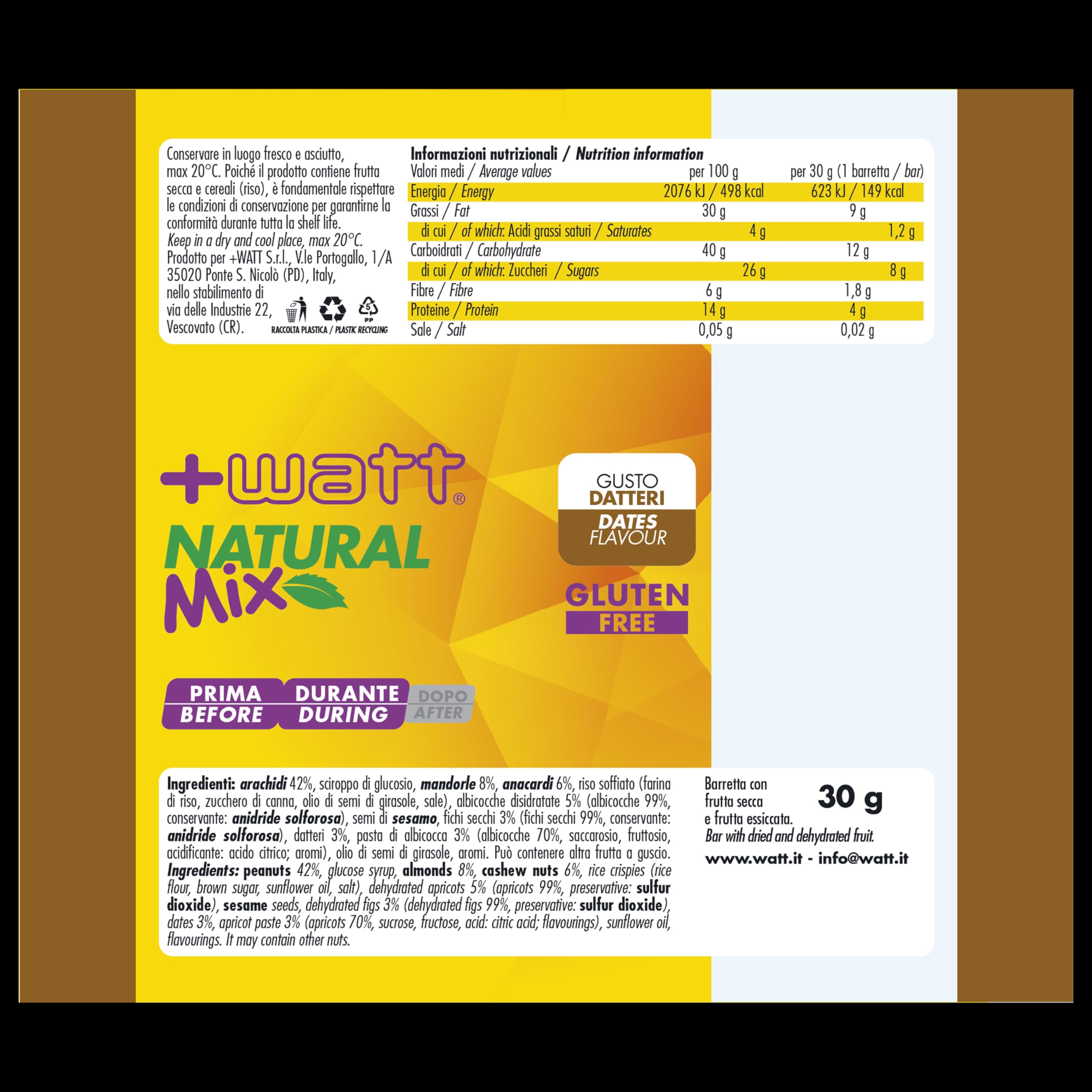 Natural Mix - barretta energetica ad alto contenuto di acidi essenziali a base di frutta secca - Ideale prima e durante gli sforzi prolungati - 24 barrette datteri