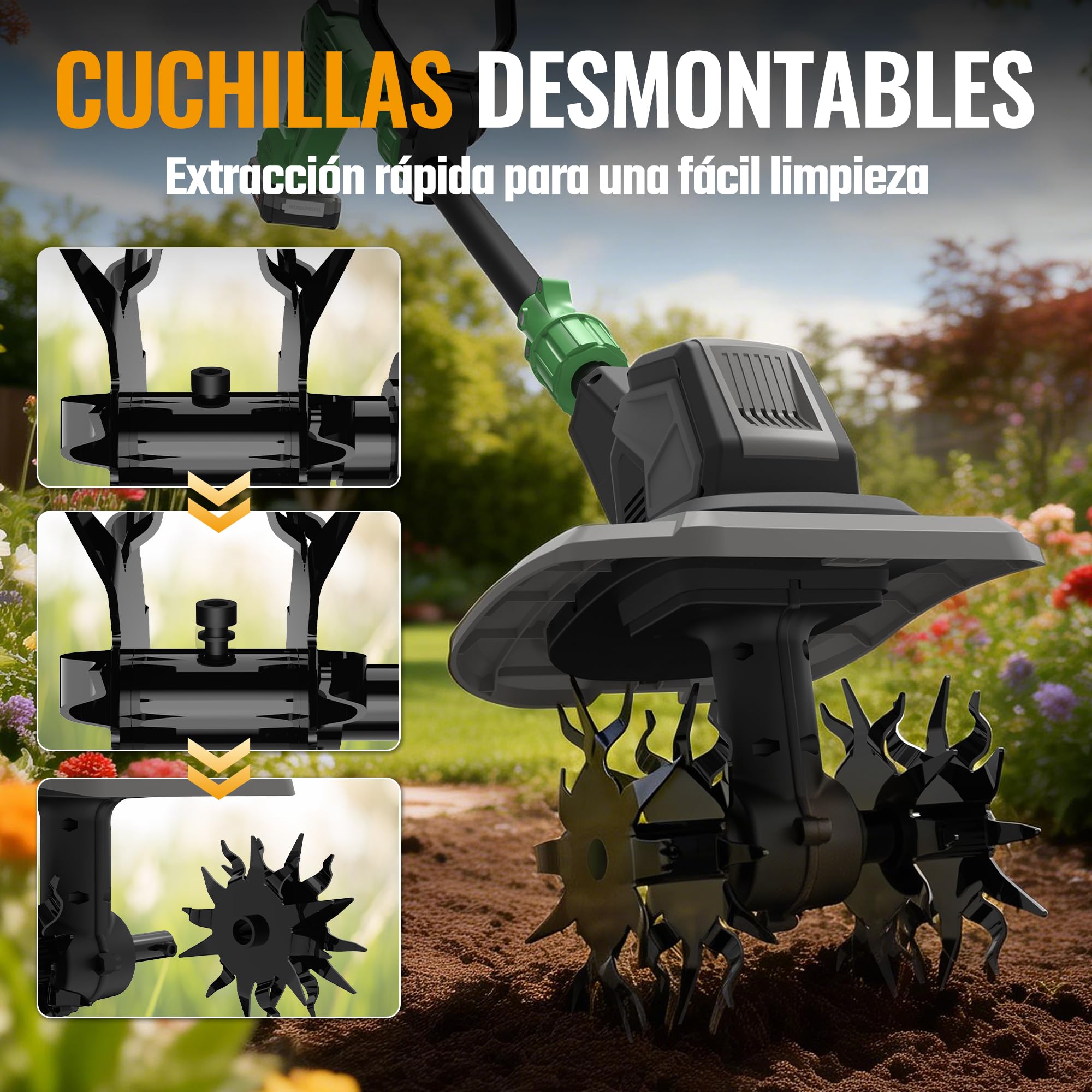 WORKPROX Motoazada Eléctrica a Batería 20V con 4,0Ah, Cultivador de Jardín Inalámbrico, Ancho de Trabajo 20 cm, Profundidad 20 cm, Ruedas Ajustables, Mango Plegable