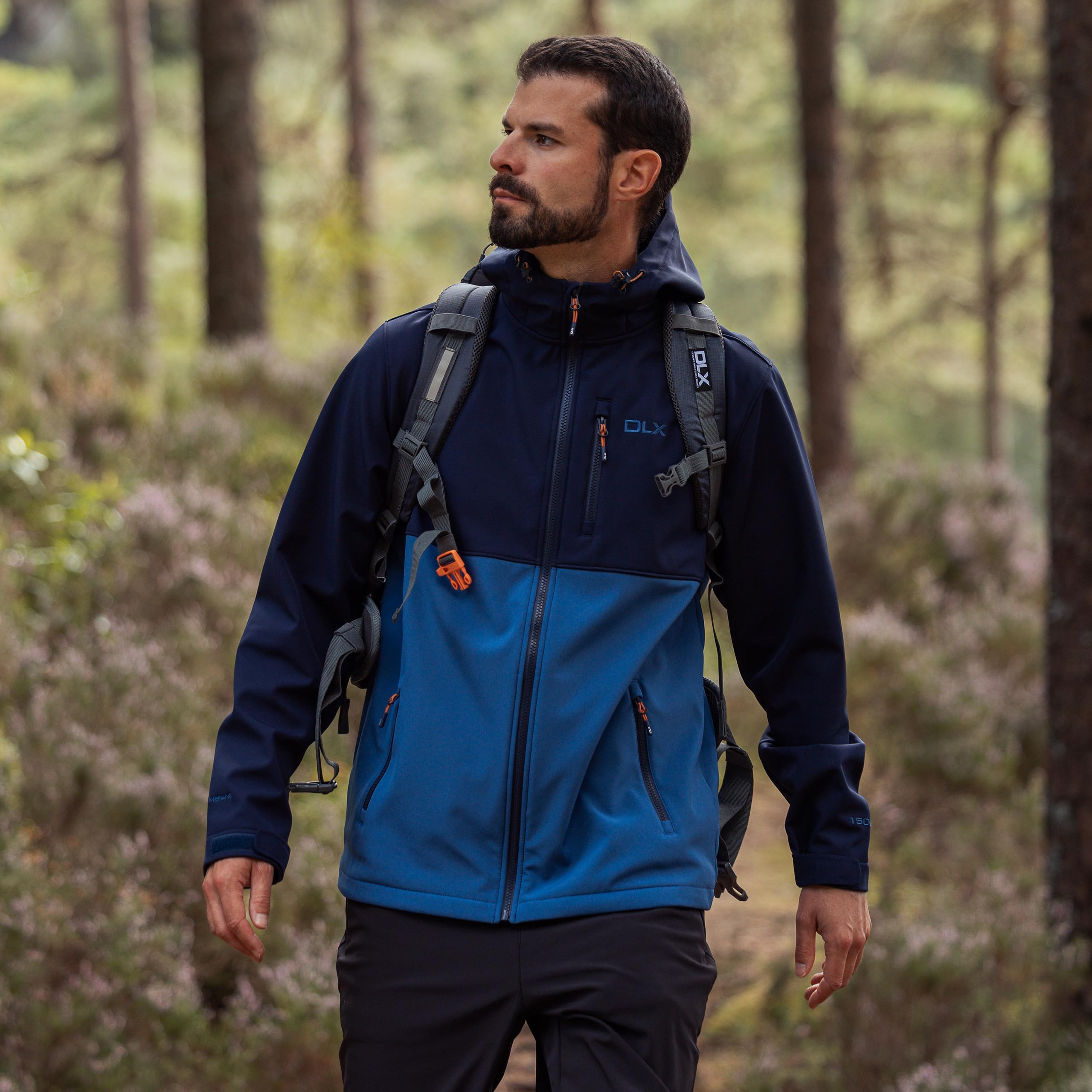 DLX Flanagan - Giacca softshell da uomo, in poliestere riciclato, traspirante, ecologico, cappuccio regolabile, cerniere idrorepellenti, coulisse sull'orlo con regolazione, polsini regolabili
