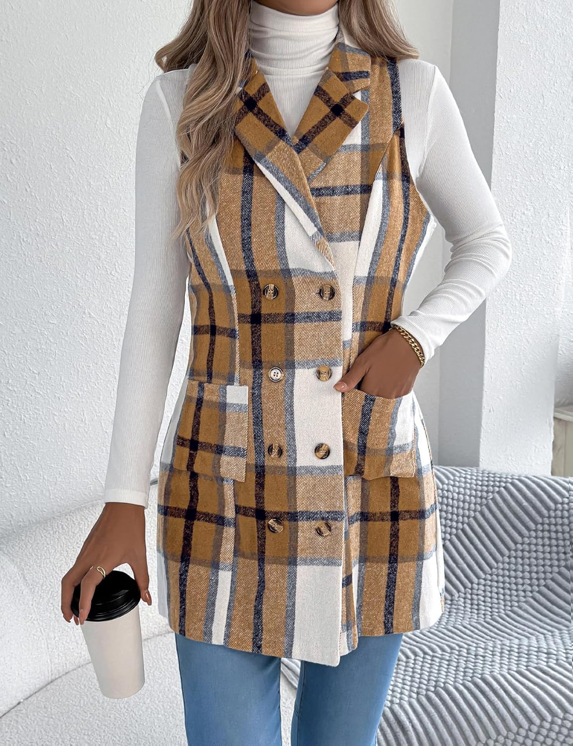 IDEALSANXUN Womens Plaid Vest Jackets Fall Winter Casual Sleeveless Blazer Waistcoat