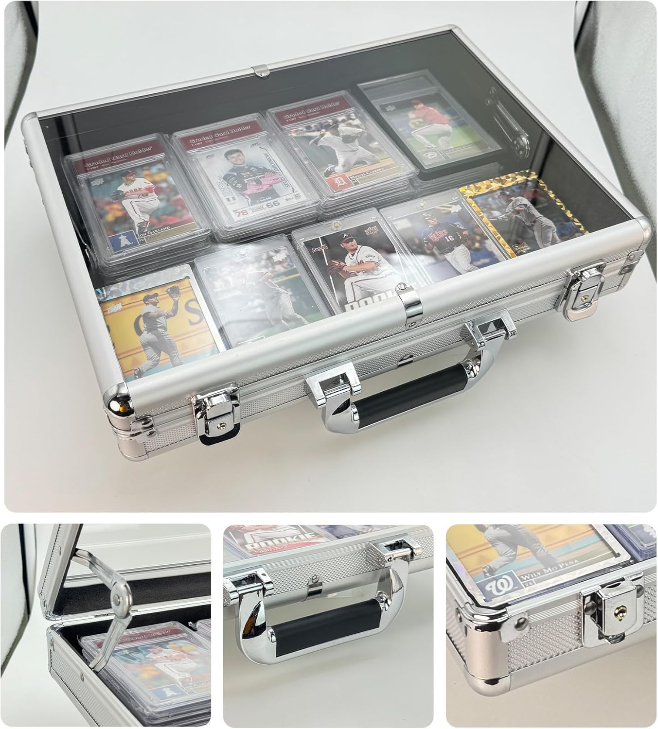 Notwoe® Large Card Display Case,16"x12"Table Top Baseball Card Display Case Aluminum Acrylic Lockable,Portable Trade Show Display Case,for Sports Card/TCG/Jewelry Collection. (Silver, Small 16"x12")