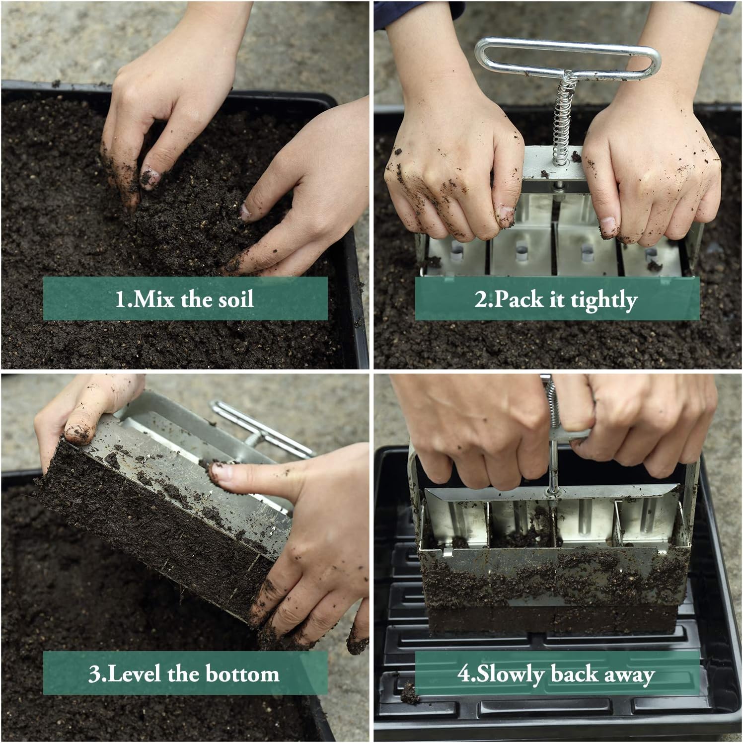 SOLIGT Manual Quad Soil Blocker with Comfort-Grip Handle, Create 2" Soil Block for Seedlings, Cuttings, Greenhouses