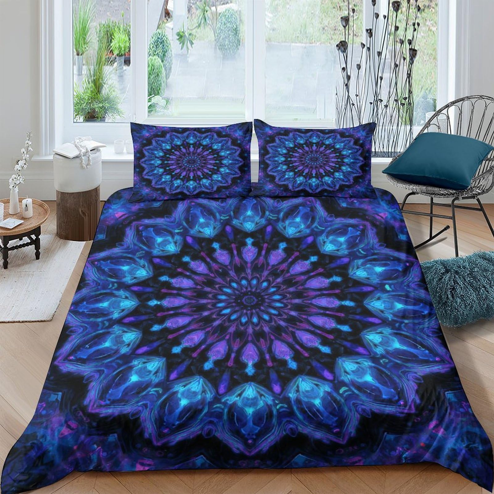 GPLZQXKJNH 3D Printed Mandala Flower Duvet Cover Microfiber Soft Breathable Blue Kaleidoscope Bedding Set with 2 Pillowcases for Bedroom Home Single（135x200cm）