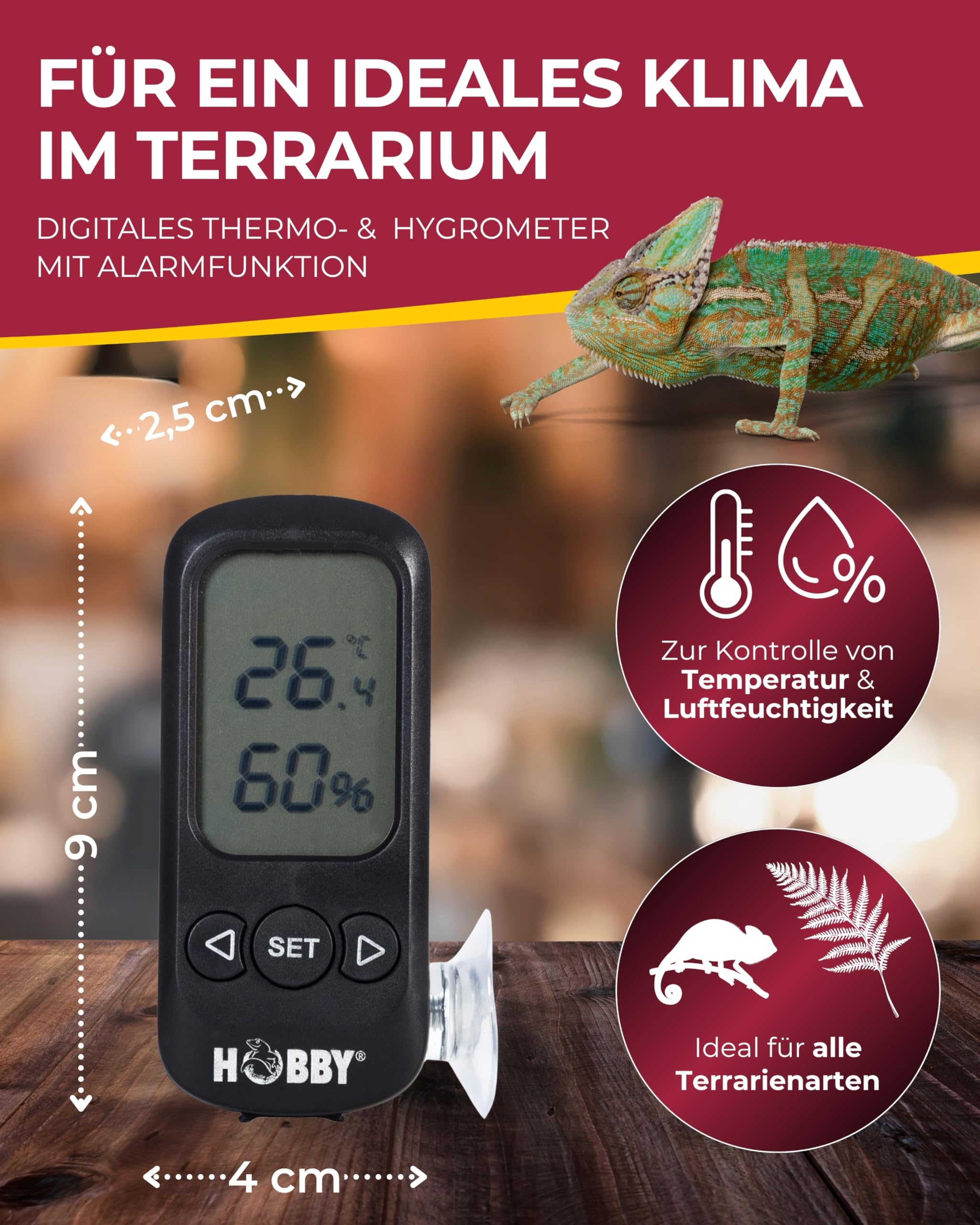 HOBBY Terraristik Terra Check I digitales Hygrometer & Thermometer mit Alarmfunktion I zur exakten Kontrolle der Luftfeuchtigkeit und Temperatur in Terrarien I für ideales Terrarienklima