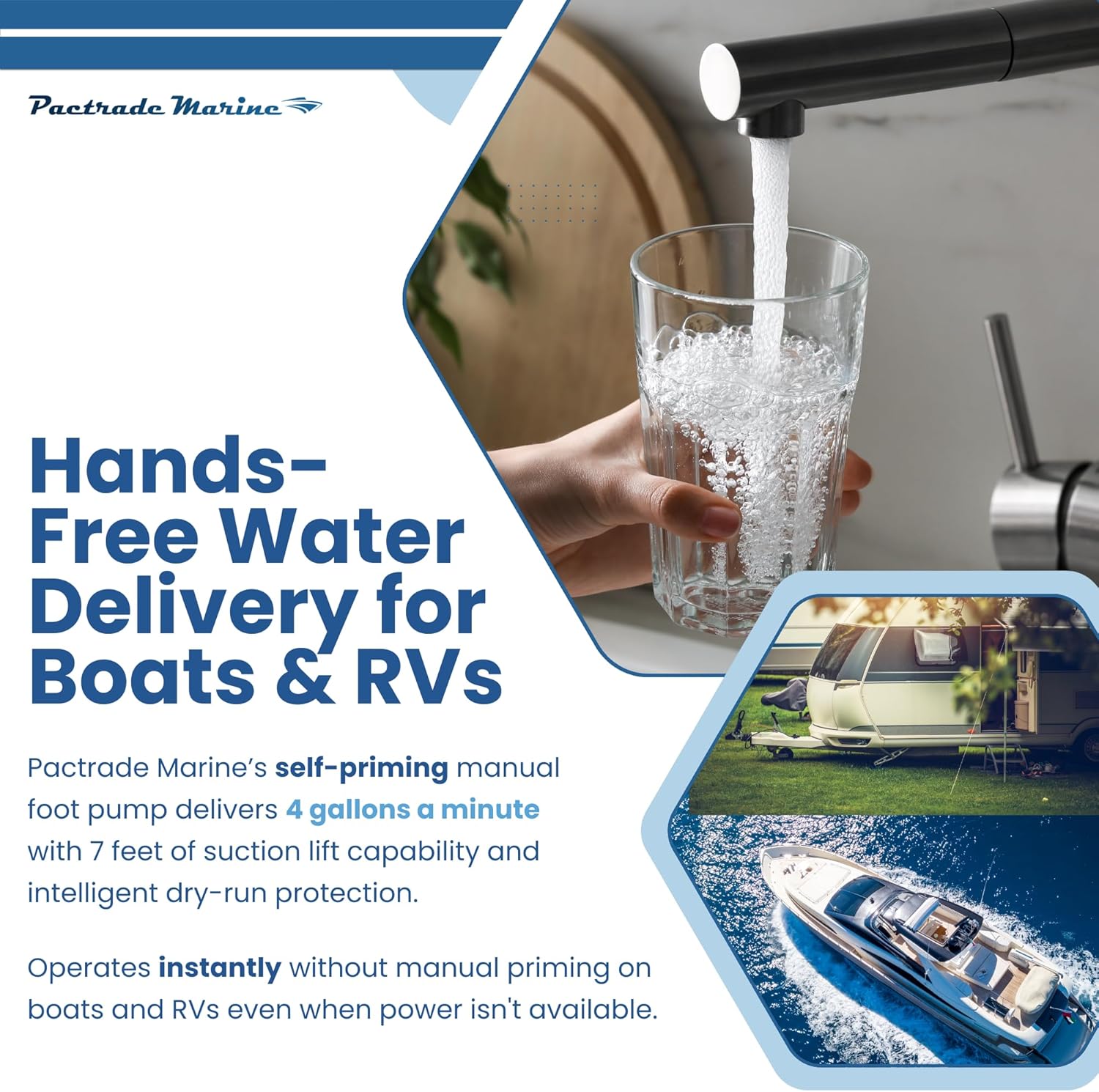 Pactrade Marine Manual Water Pump, Left Foot Operated (4 Gallons/Min) - Self-Priming Hands-Free Boat & RV Water Pump System - Delivers to Camper, Galley, Caravan, Wash Basin, Toilet, Kitchen, & More