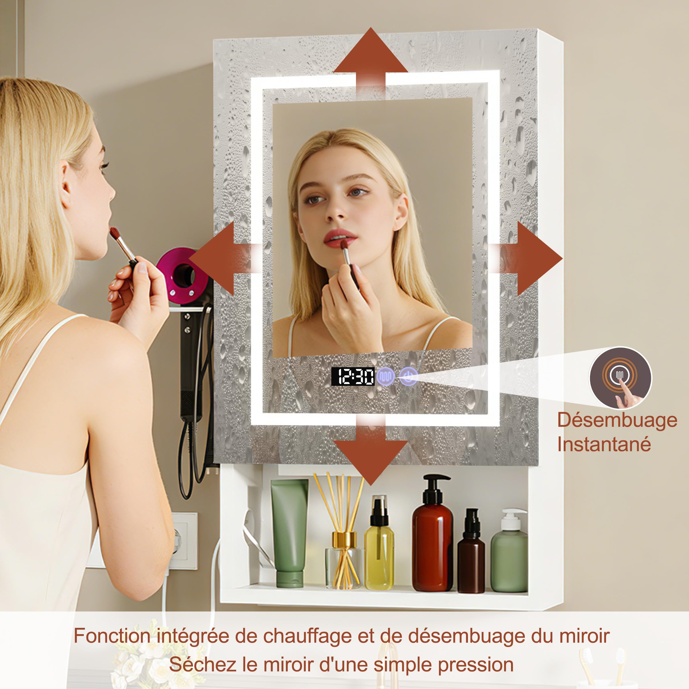 Armoire Salle de Bain avec Miroir Murale Armoire Miroir avec Éclairage et Fonction Antibuée 47 * 80 * 16 cm Meuble de Toilette avec Prise, 4 Compartiments et Support pour sèche-Cheveux