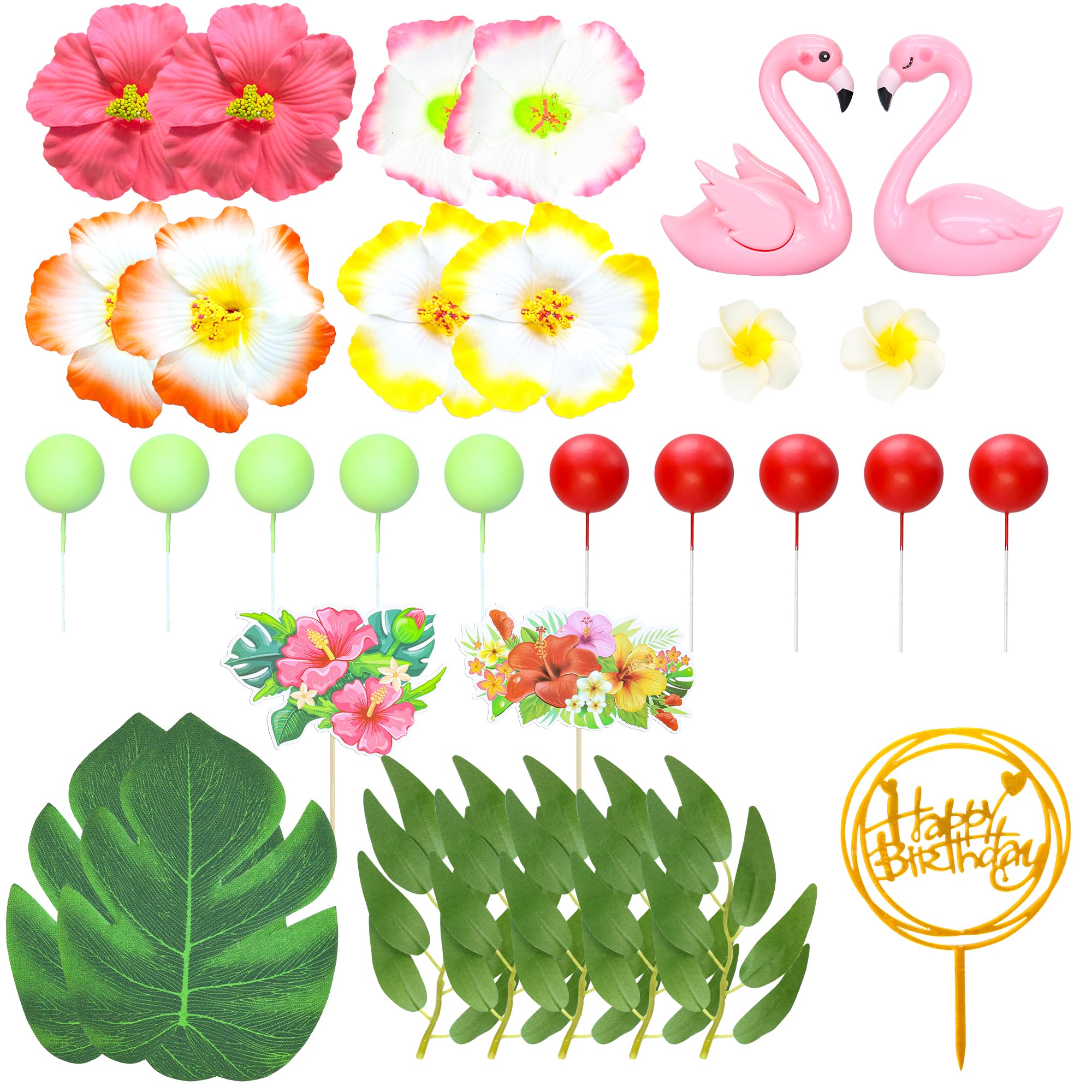 Gyufise 42 Pack Flamingo Cake Toppers Summer Cake Decoration Cute Pink Flamingo Figures Hibiscus Flower Palm Leaves for Hawaiian Aloha Themed Party Supplies Pink - Image 3