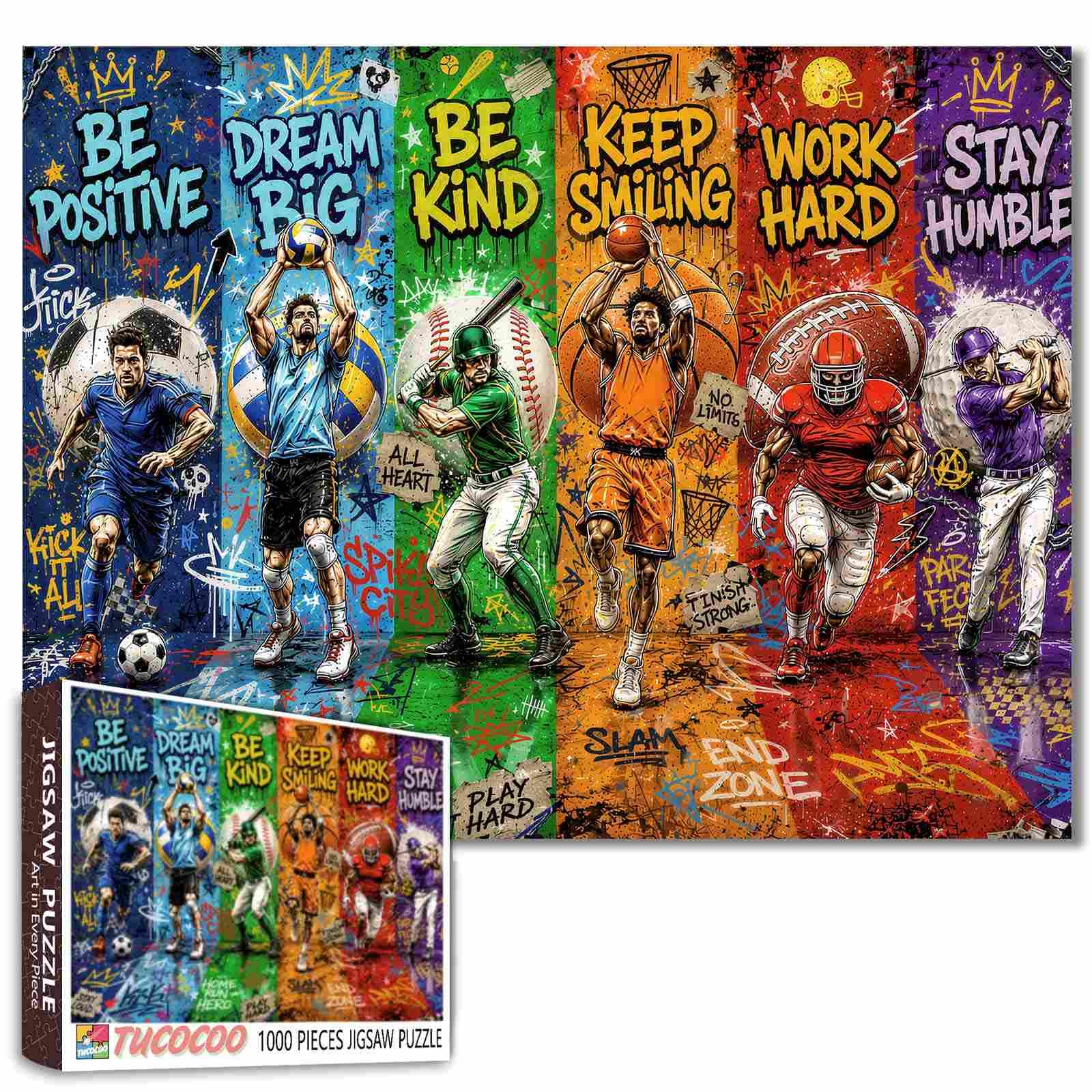 Multi Sports Jigsaw Puzzles for Adults 1000 Pieces Soccer Volleyball Baseball Basketball Graffiti Art Family Activity Games Sports Fan Wall Decor Craft Gifts 19.7 x 27.6 Inch โ image 1