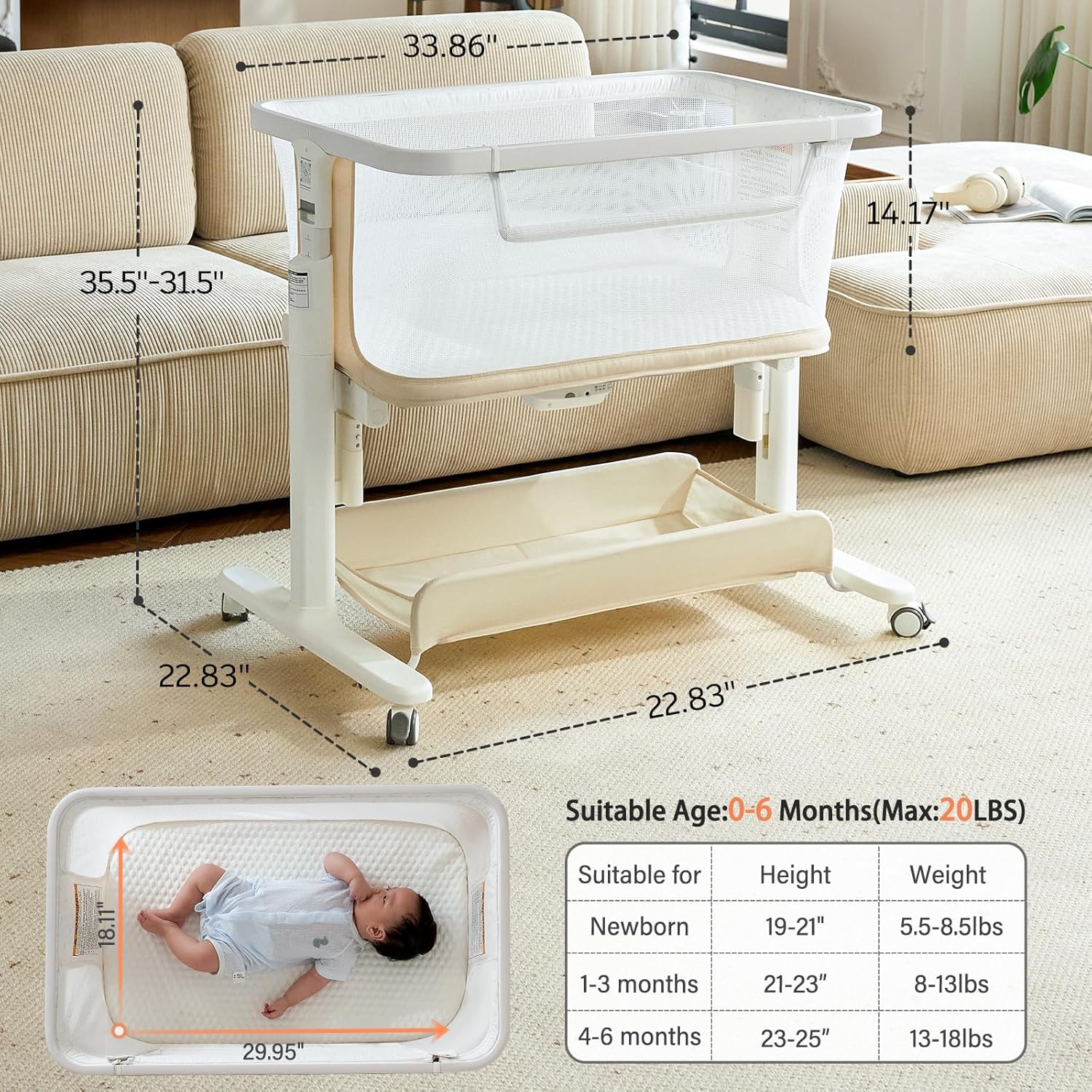 Electric Baby Bassinet, All-Mesh Bedside Sleeper with 3-Speed Auto Rocking, 8 Soothing Sounds, Remote Control, 5-Height Adjustable Baby Crib with Wheels & Storage for Newborn 0-6 Months, Beige