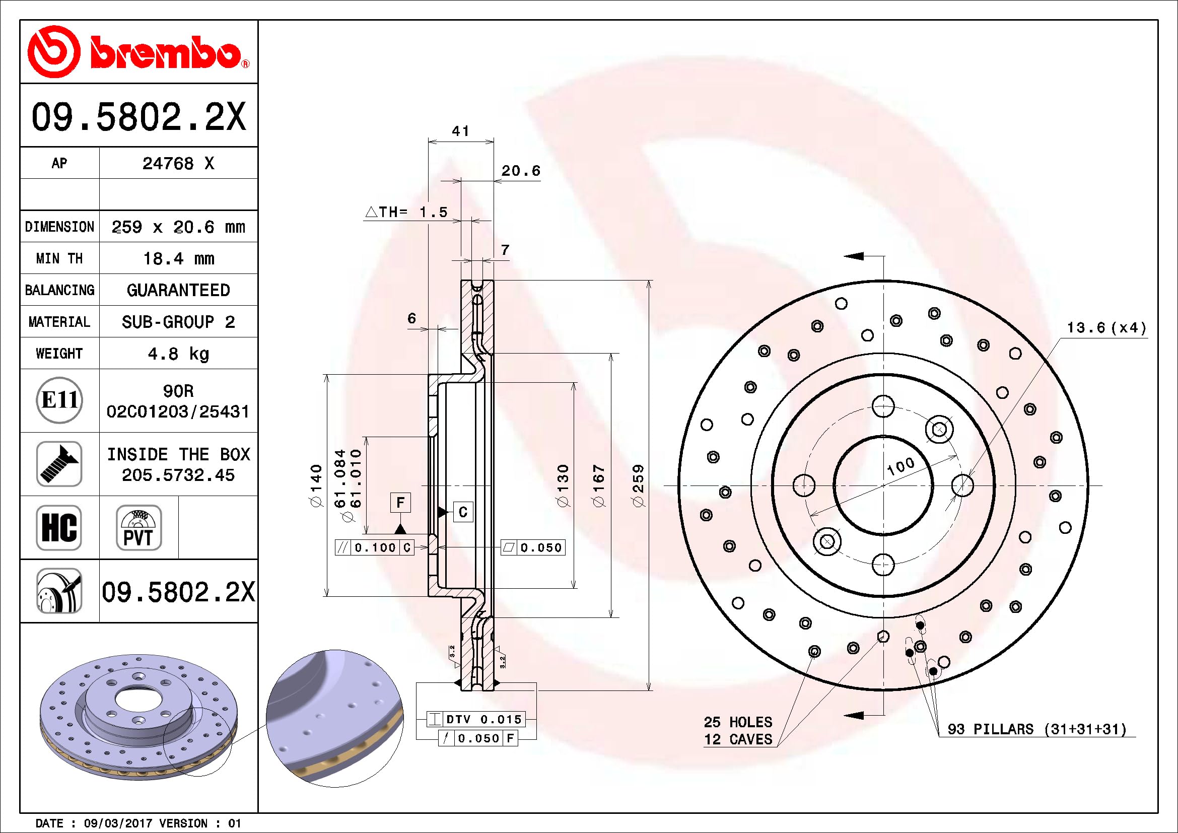 Brembo Xtra 09.5802.2X - Disco Freno Forato Anteriore, Set di 2