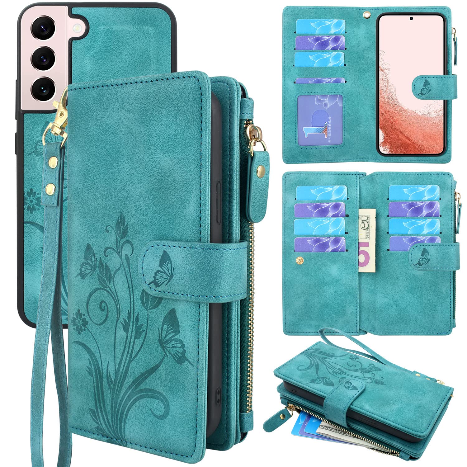 Lacass for Samsung Galaxy S22+ Plus Case [12 Card Slots] ID Credit Cash Holder Zipper Pocket Detachable Magnet Leather Wallet Cover Wrist Strap Lanyard Carrying Pouch(Floral Blue Green)
